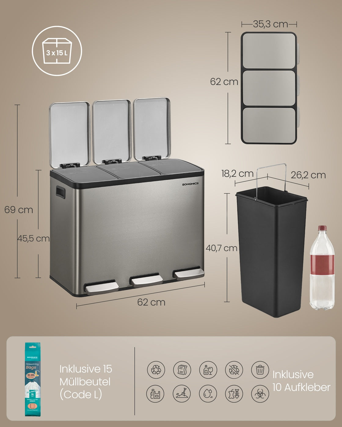 Afvalbak - 62 x 35,3 x 45,5 cm - 3 x 15 L - Afvalscheidingssysteem met 3 compartimenten - Pedaalafvalbak - Uitneembare binnenemmer - Soft-close deksel - Handgrepen - Roestvrij staal - Zilver
