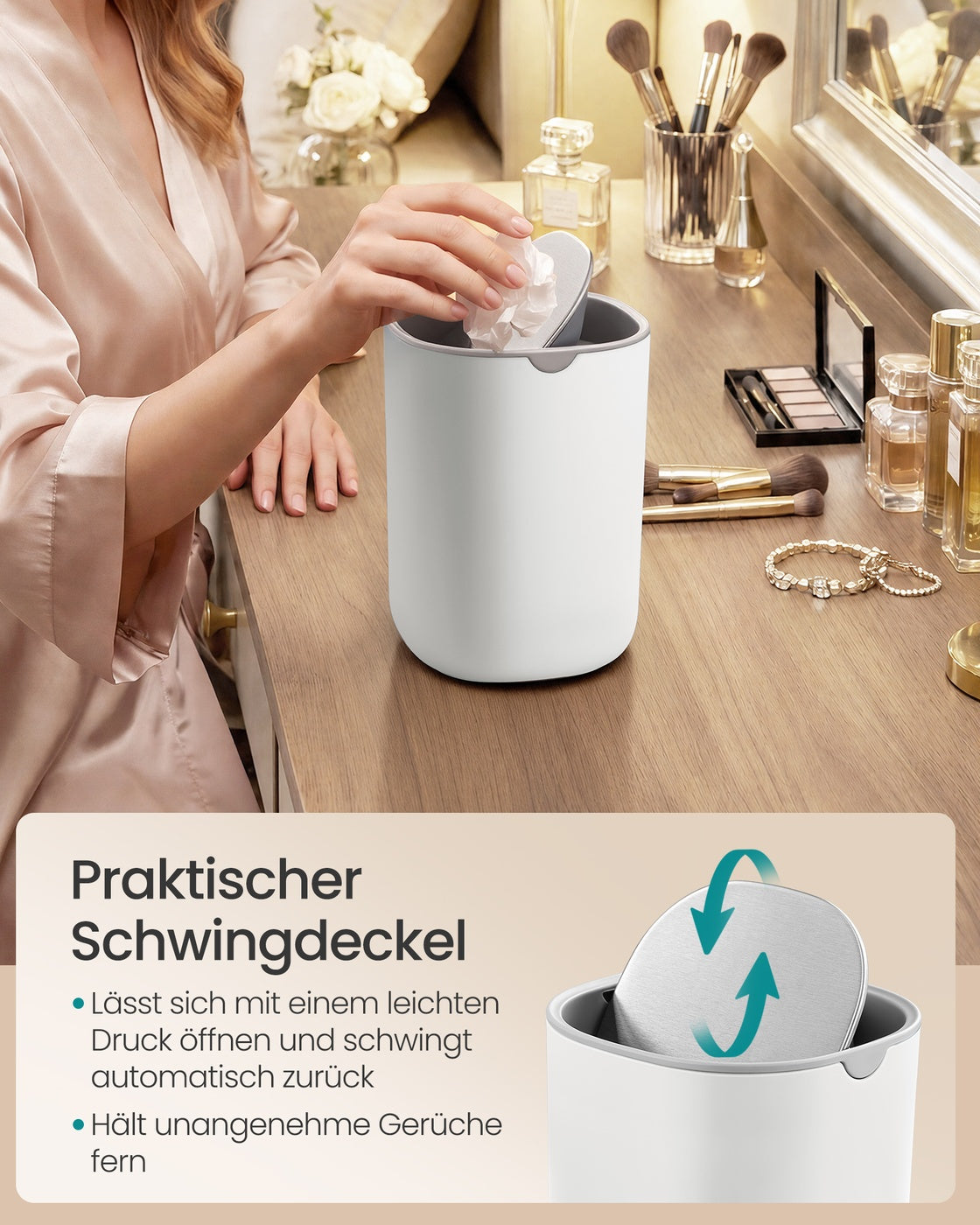 Tafelprullenbak - 1,5 Liter - Scharnierend Deksel - Roestvrij Staal - Wit