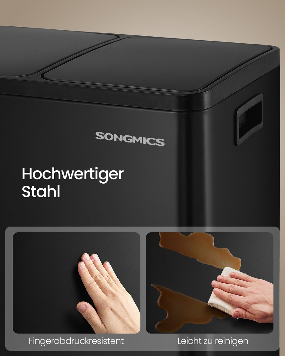 Afvalbak - 59,1 x 36,5 x 62,7 cm - 2 x 30 liter - Afvalscheidingssysteem met 2 compartimenten - Roestvrij staal - Zwart