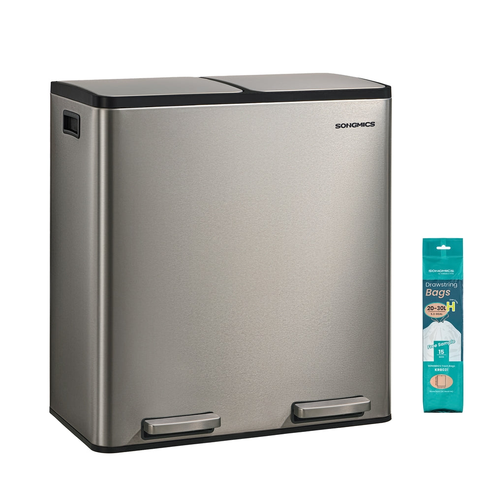 Keukenafvalbak - 59,1 x 36,5 x 62,7 cm - 2 compartimenten - 2 x 30 liter - Roestvrij staal - Zilver