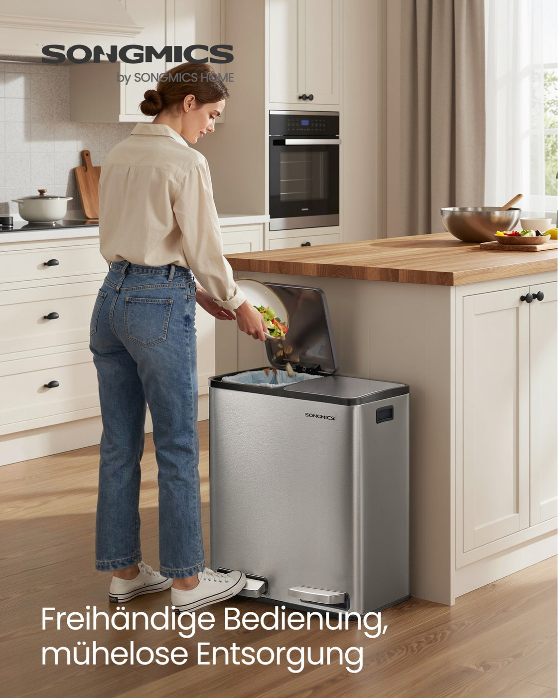 Keukenafvalbak - 59,1 x 36,5 x 62,7 cm - 2 compartimenten - 2 x 30 liter - Roestvrij staal - Zilver