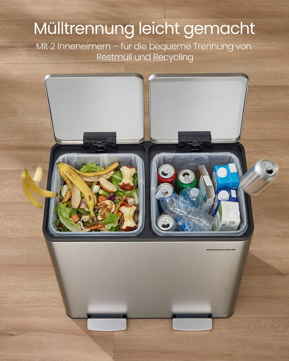 Keukenafvalbak - 59,1 x 36,5 x 62,7 cm - 2 compartimenten - 2 x 30 liter - Roestvrij staal - Zilver