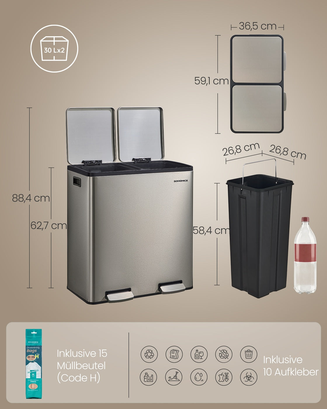 Keukenafvalbak - 59,1 x 36,5 x 62,7 cm - 2 compartimenten - 2 x 30 liter - Roestvrij staal - Zilver