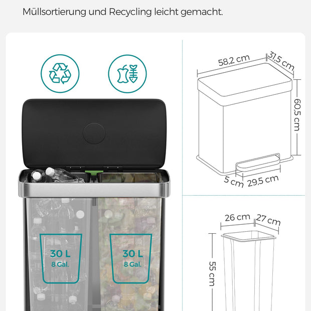 Prullenbak – 2 x 30 L vakken – Softclose deksel – Roestvrijstalen look – 58 x 31,5 x 59 cm