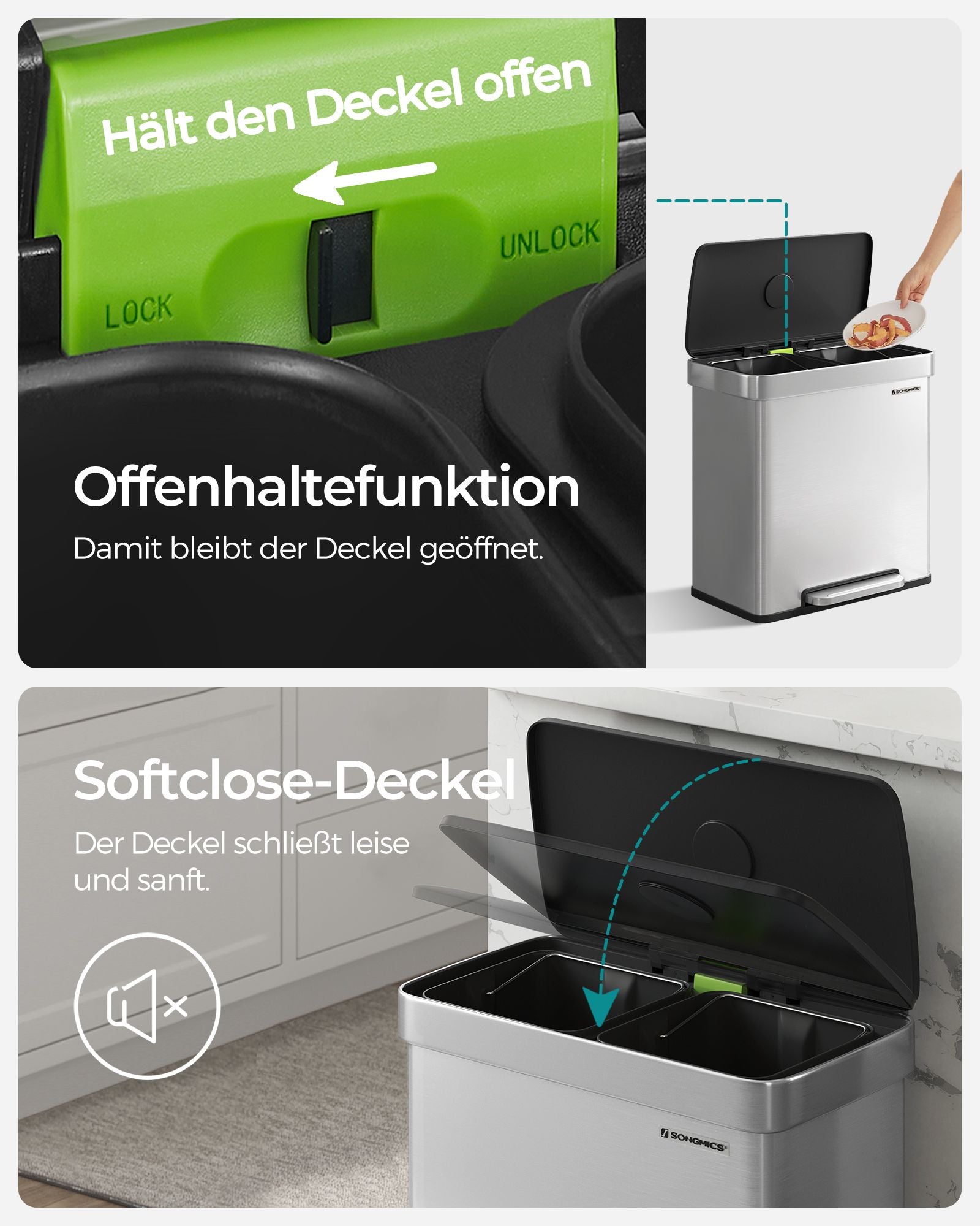 Prullenbak – 2 x 30 L vakken – Softclose deksel – Roestvrijstalen look – 58 x 31,5 x 59 cm