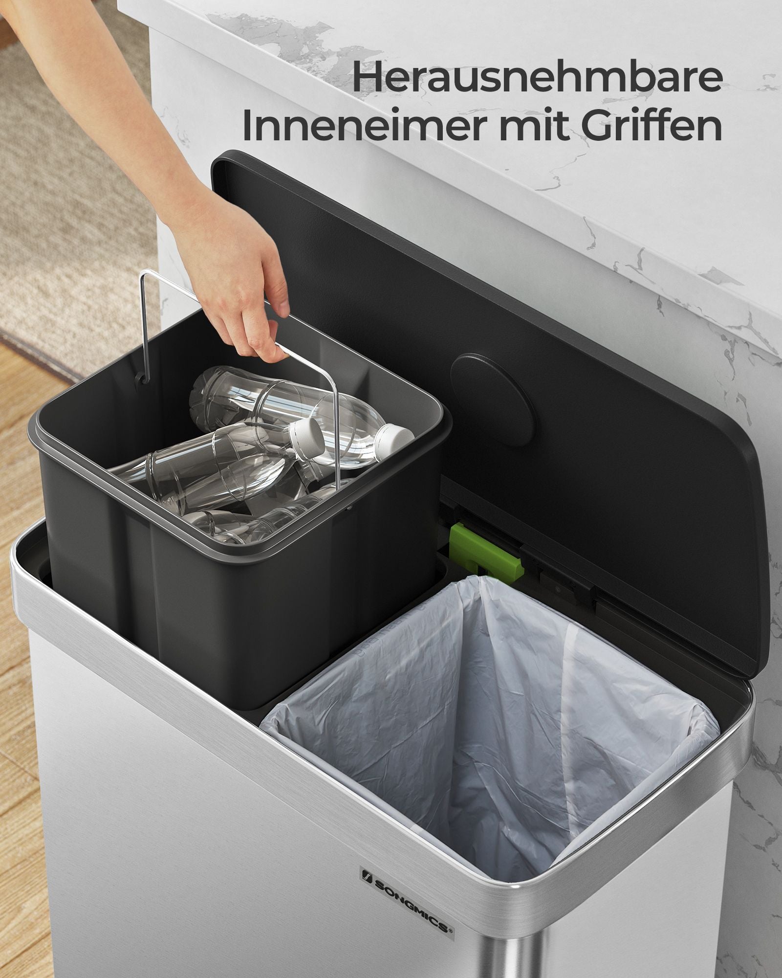 Prullenbak – 2 x 30 L vakken – Softclose deksel – Roestvrijstalen look – 58 x 31,5 x 59 cm