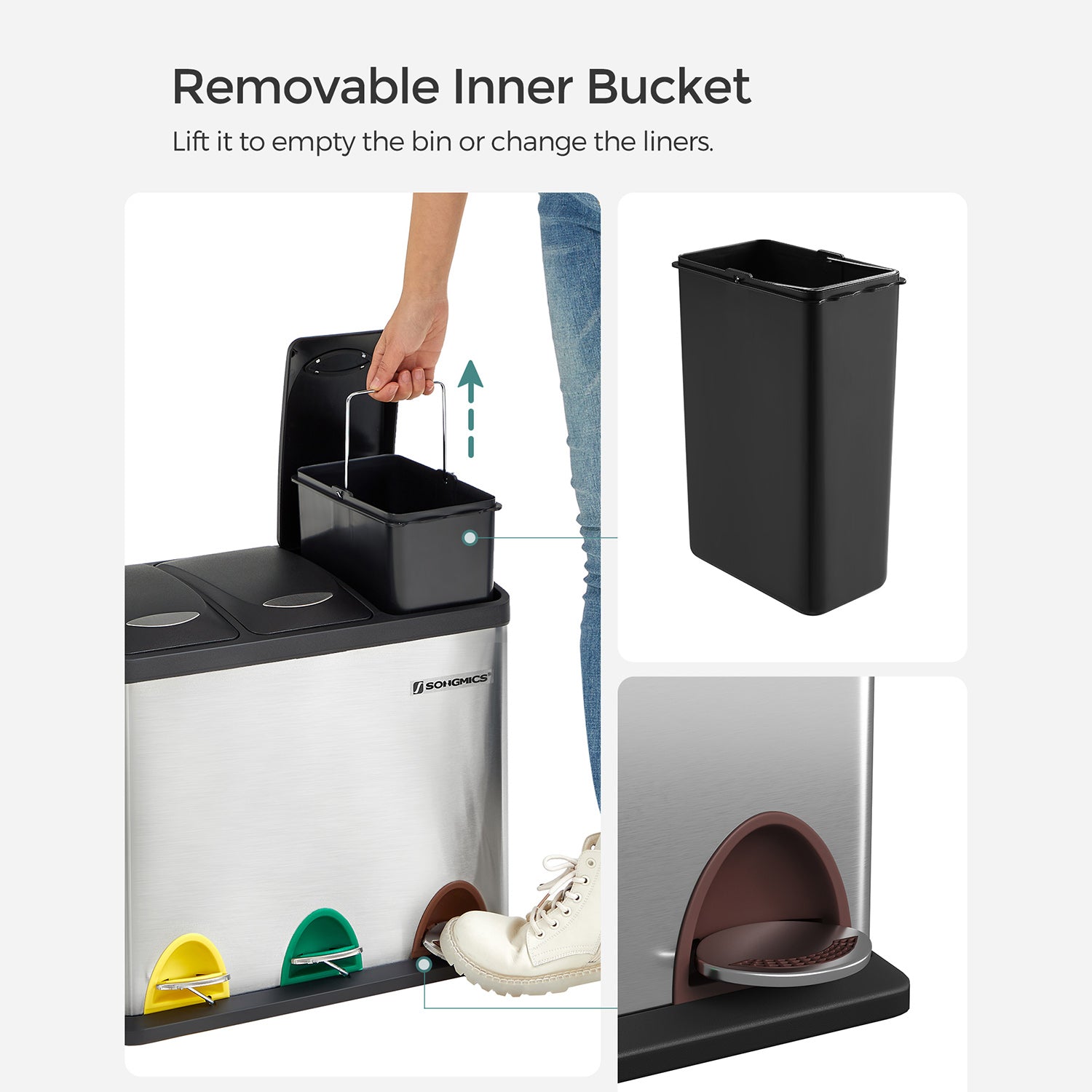 Afvalscheidingsprullenbak – pedaalemmer – 24 liter – 3-in-1 – zilver