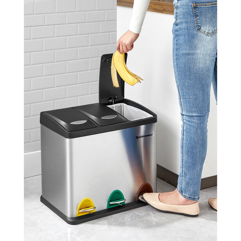 Afvalscheidingsprullenbak – pedaalemmer – 24 liter – 3-in-1 – zilver