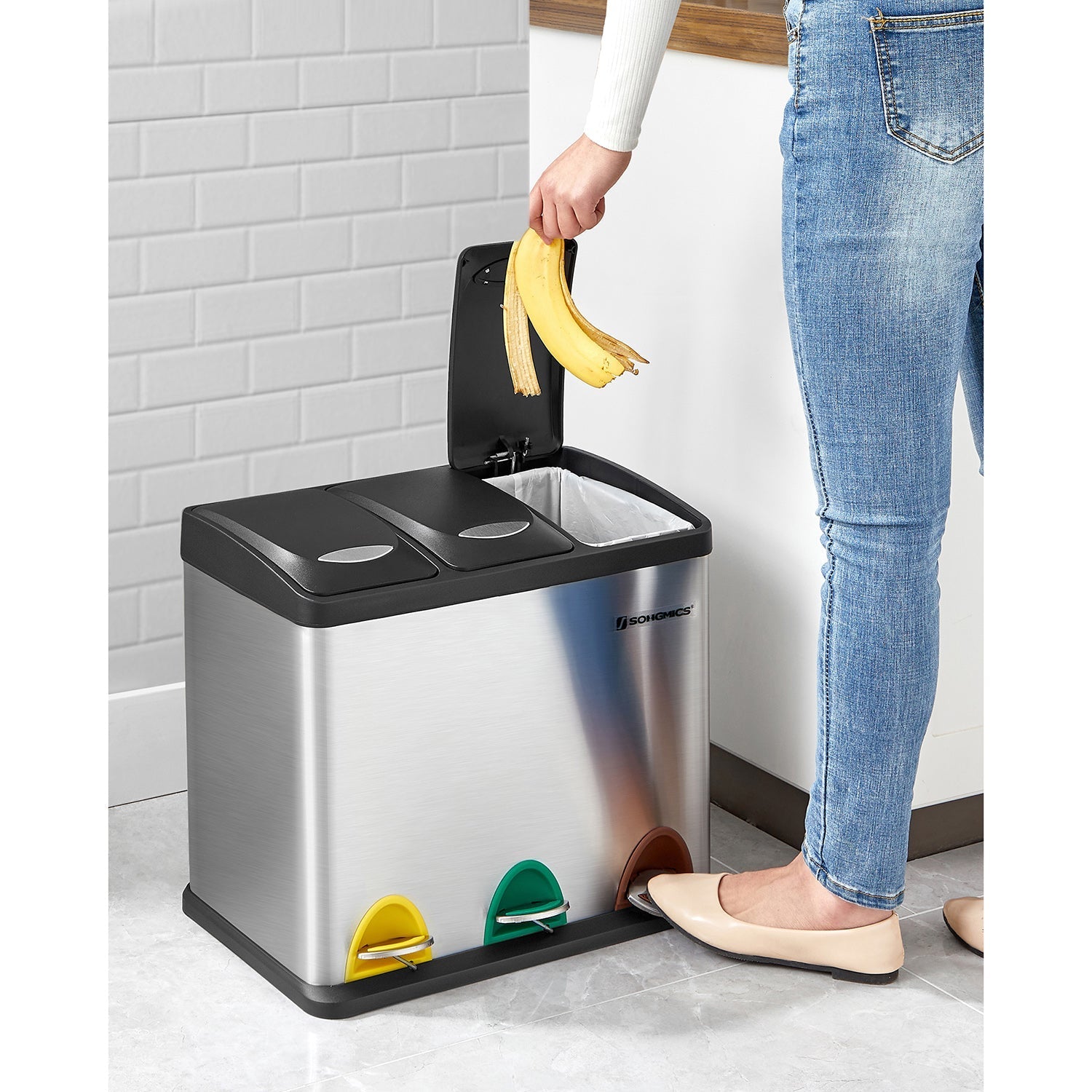 Afvalscheidingsprullenbak – pedaalemmer – 24 liter – 3-in-1 – zilver