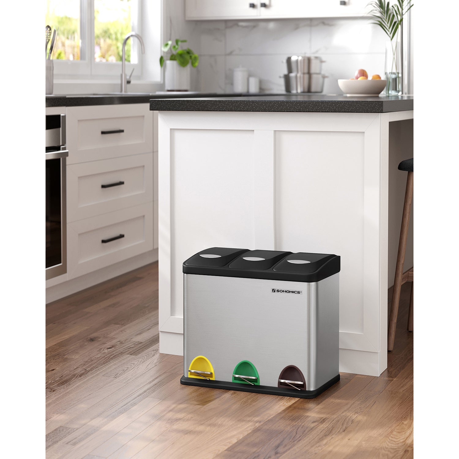 Afvalscheidingsprullenbak – pedaalemmer – 24 liter – 3-in-1 – zilver