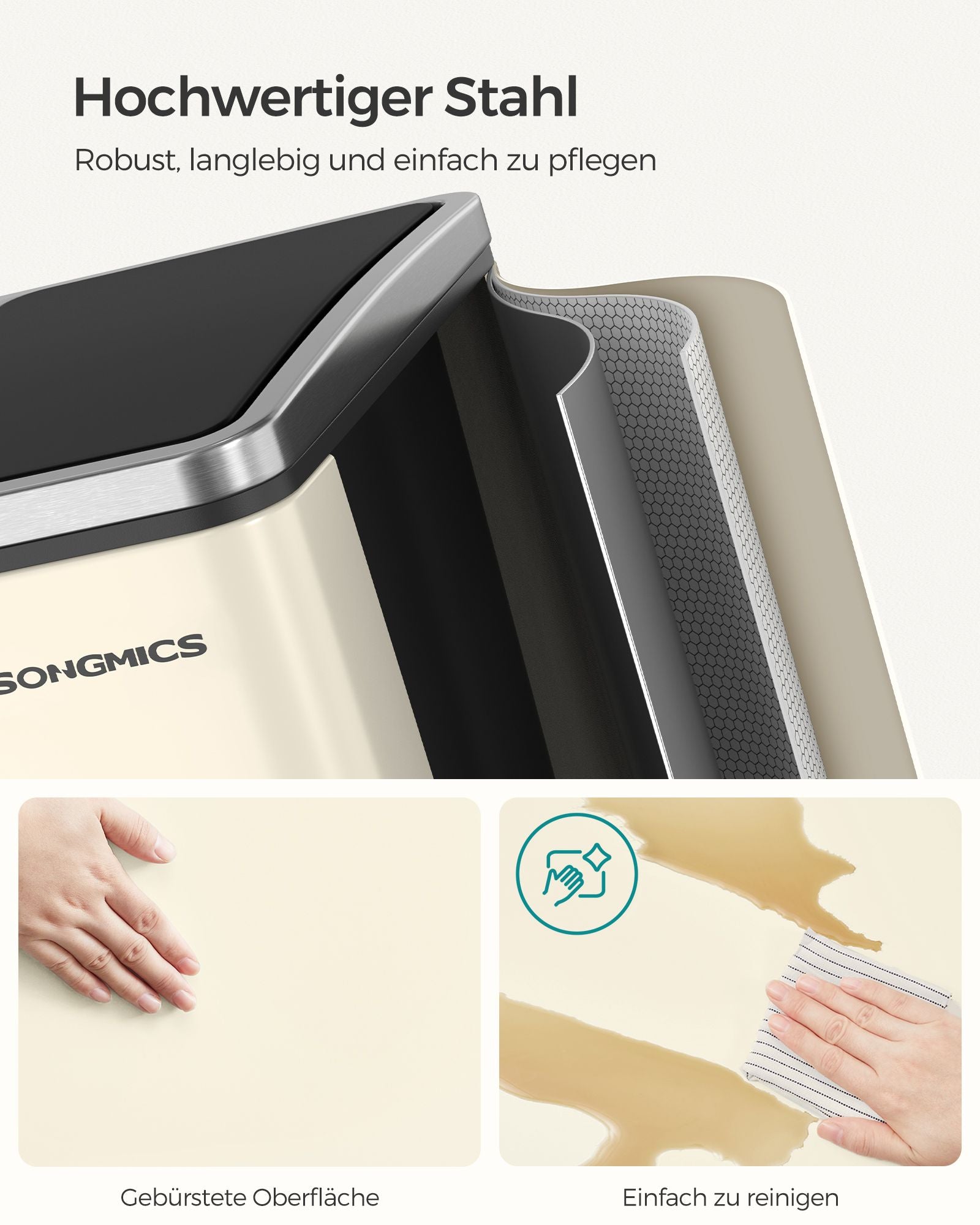 Afvalscheidingssysteem – 3 compartimenten – 3 x 18 L – deksel – zandbeige-inktzwart