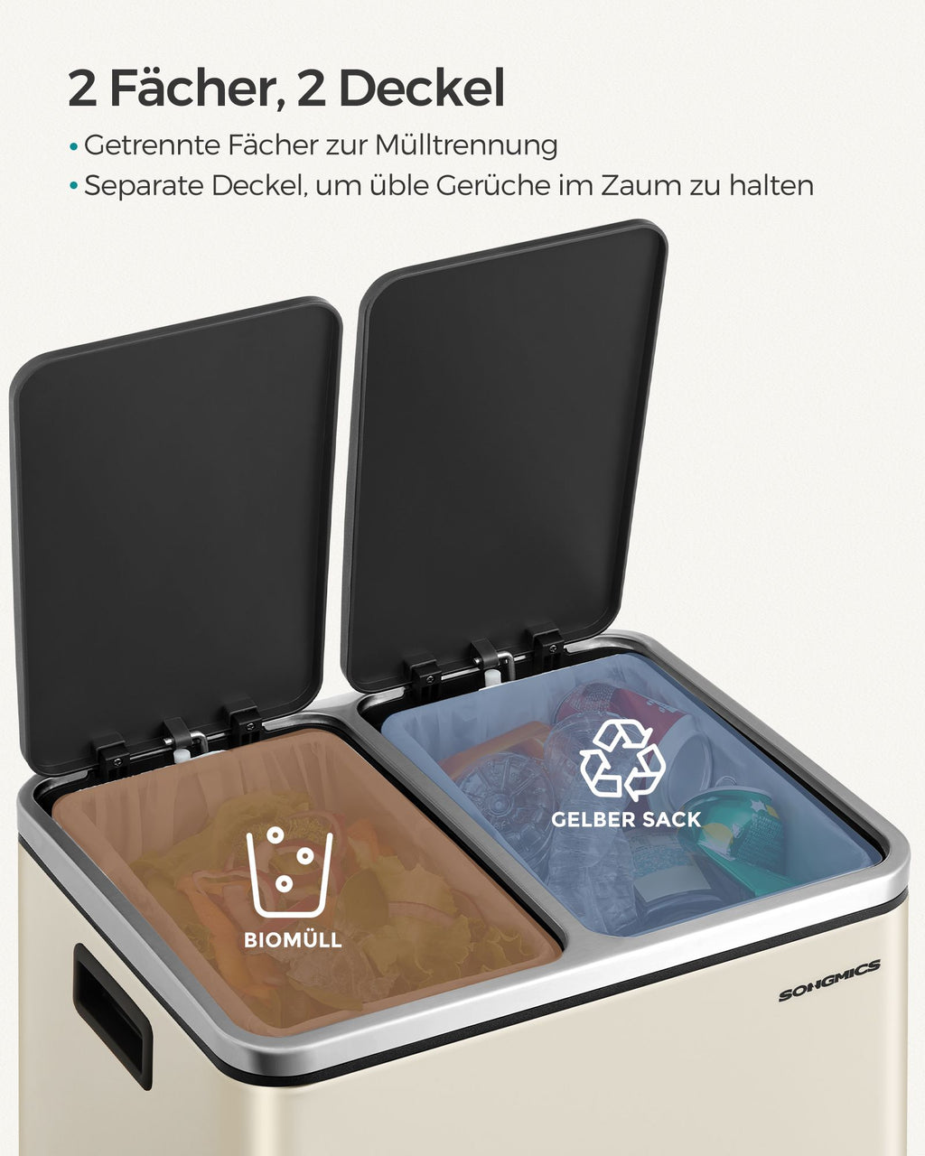Afvalscheidingssysteem – 3 compartimenten – 3 x 18 L – deksel – zandbeige-inktzwart