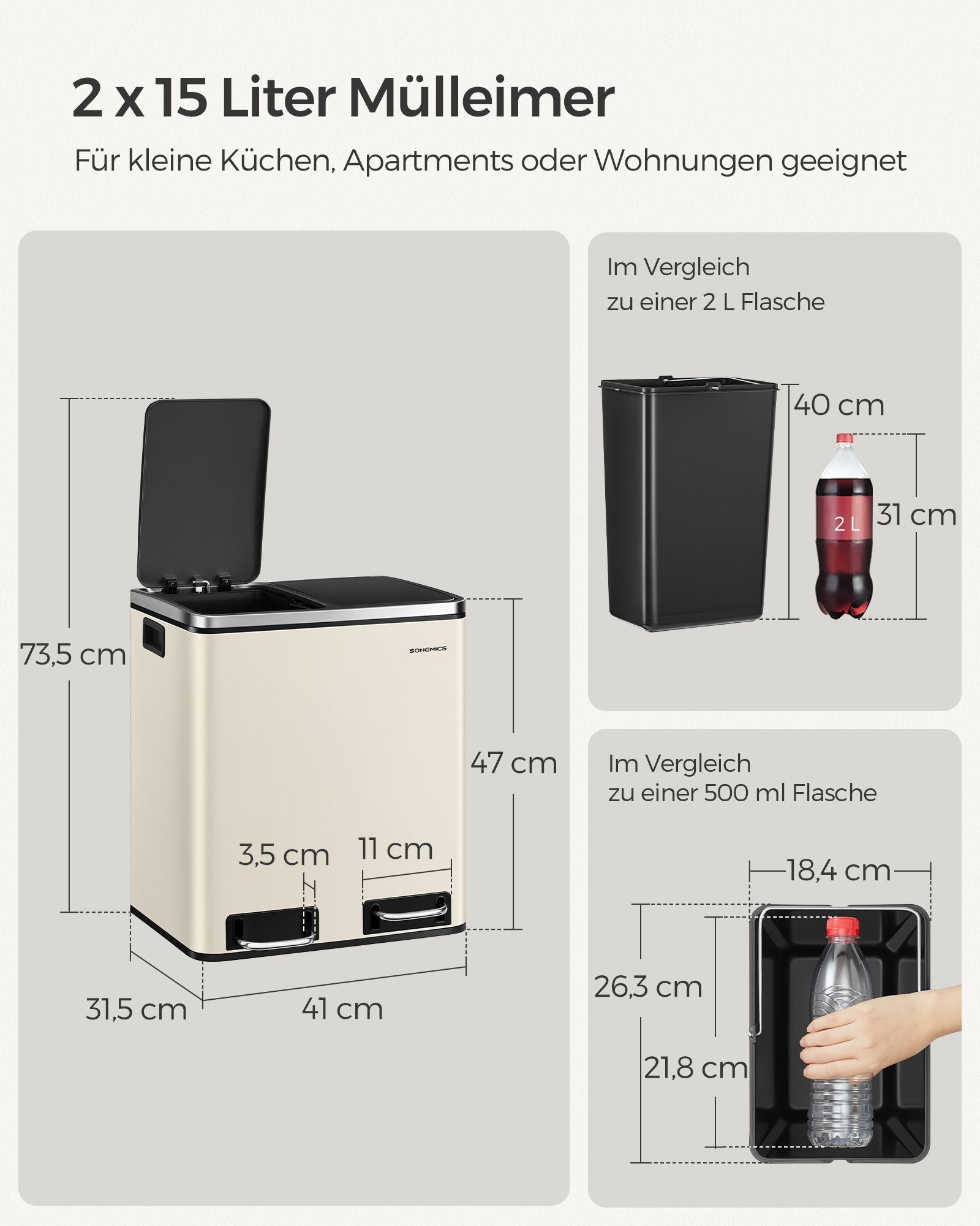 Afvalscheidingssysteem – 3 compartimenten – 3 x 18 L – deksel – zandbeige-inktzwart