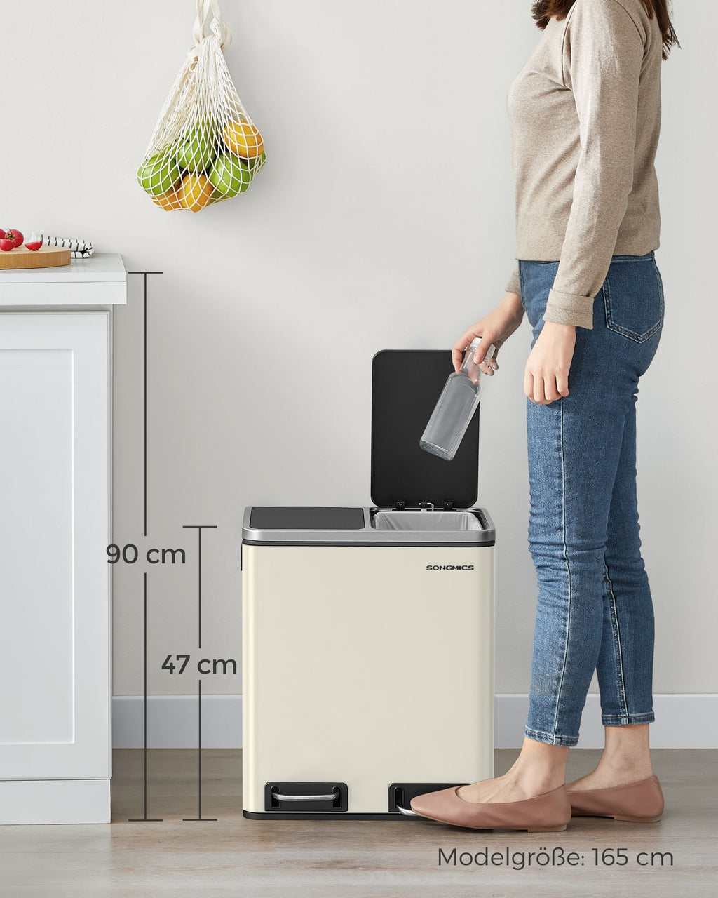 Afvalscheidingssysteem – 3 compartimenten – 3 x 18 L – deksel – zandbeige-inktzwart