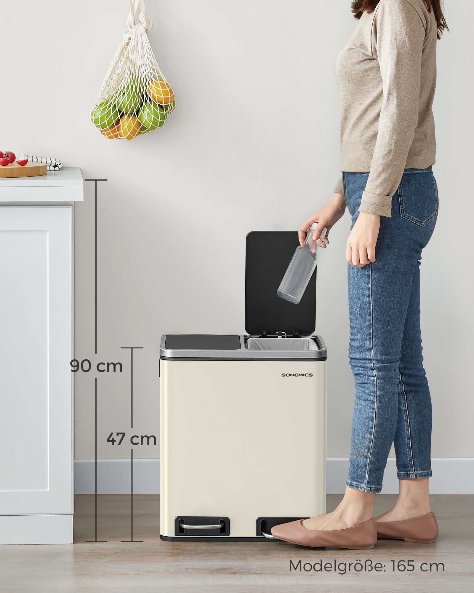 Afvalscheidingssysteem – 3 compartimenten – 3 x 18 L – deksel – zandbeige-inktzwart