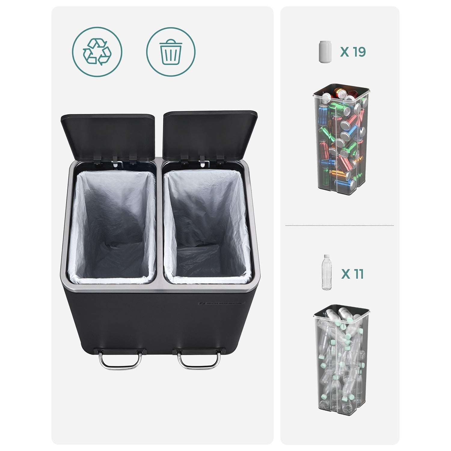 Vuilnisbak met 2 x 15 L compartimenten – Zacht sluitmechanisme – Uitneembare binnenemmers