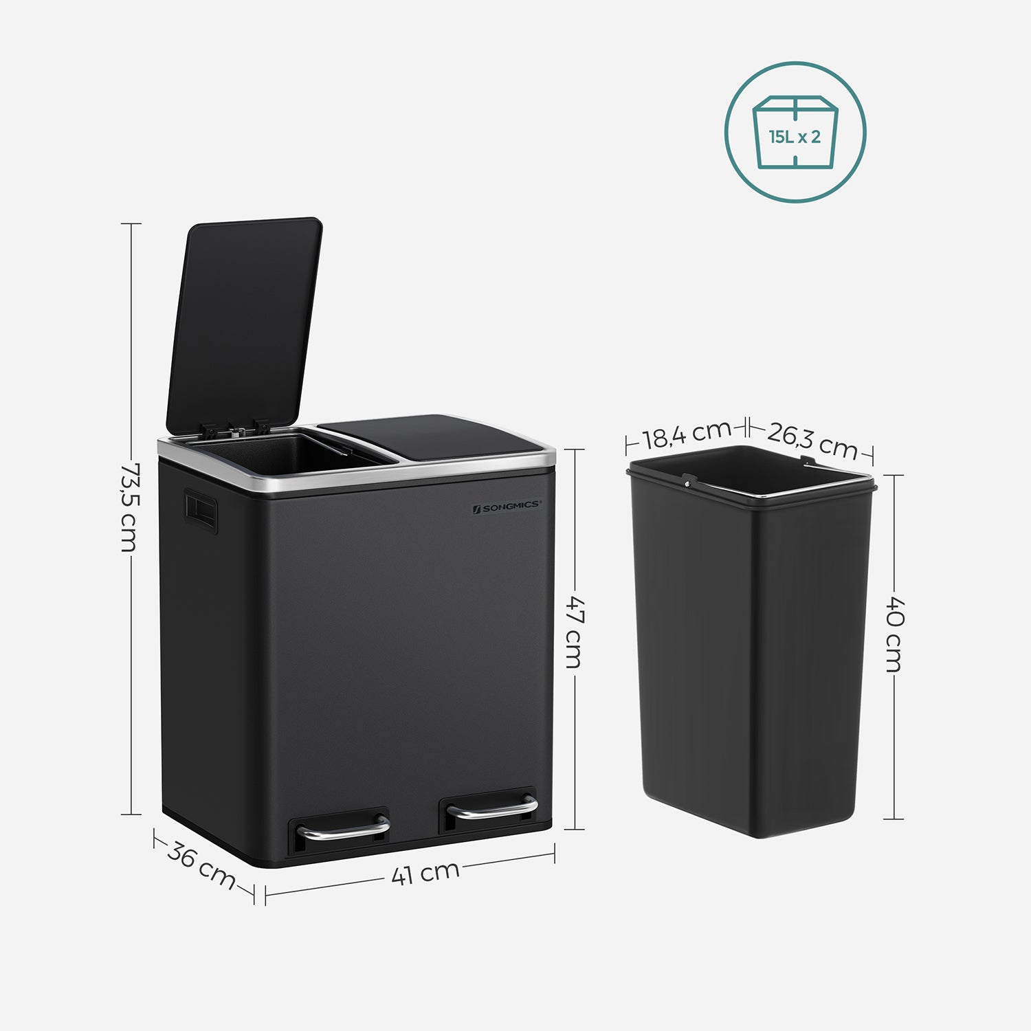 Afvalemmer – Pedaalemmer met afvalscheiding – 2 x 15 L – Zwart