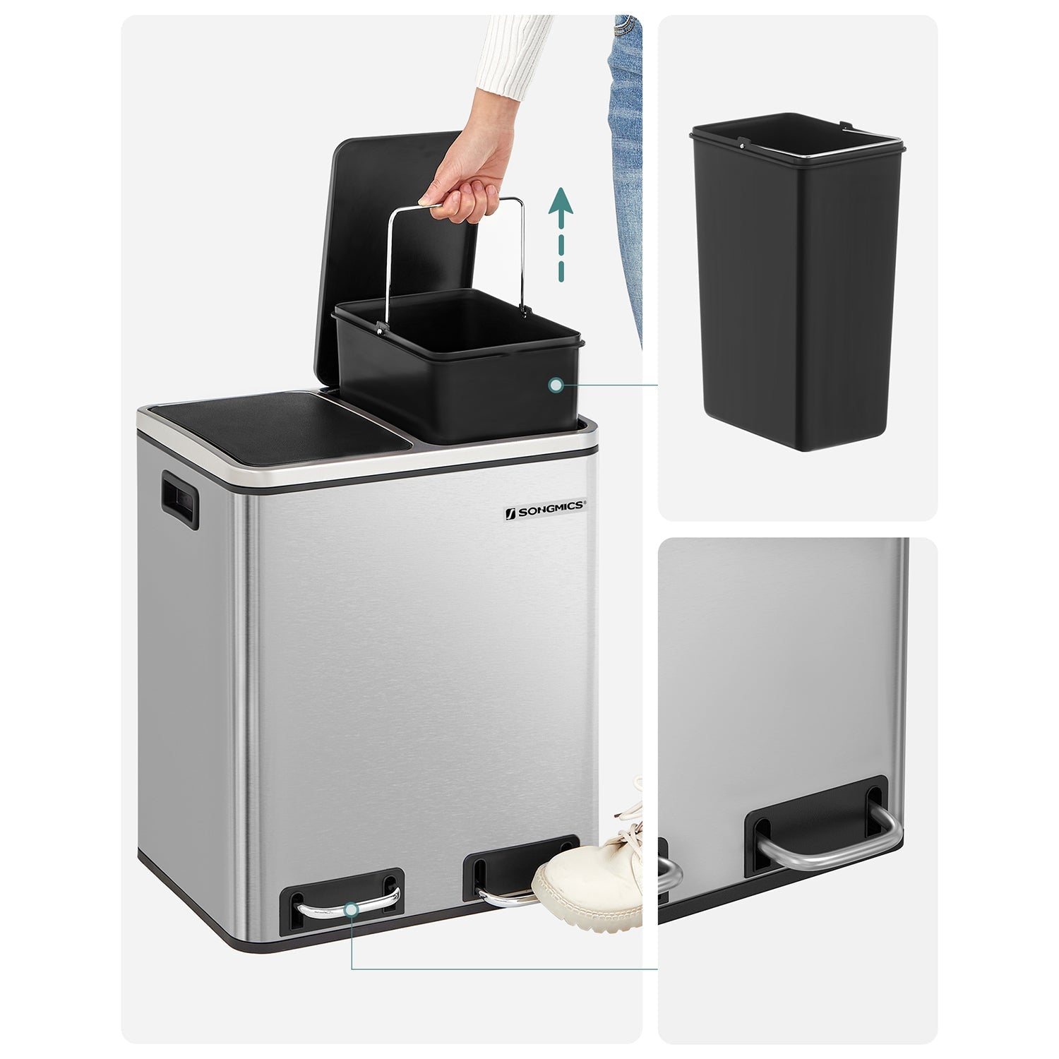 Afvalemmer – pedaal – 2 binnenbakken – rvs – 2 x 15 L – zilver
