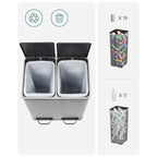 Afvalemmer – pedaal – 2 binnenbakken – rvs – 2 x 15 L – zilver