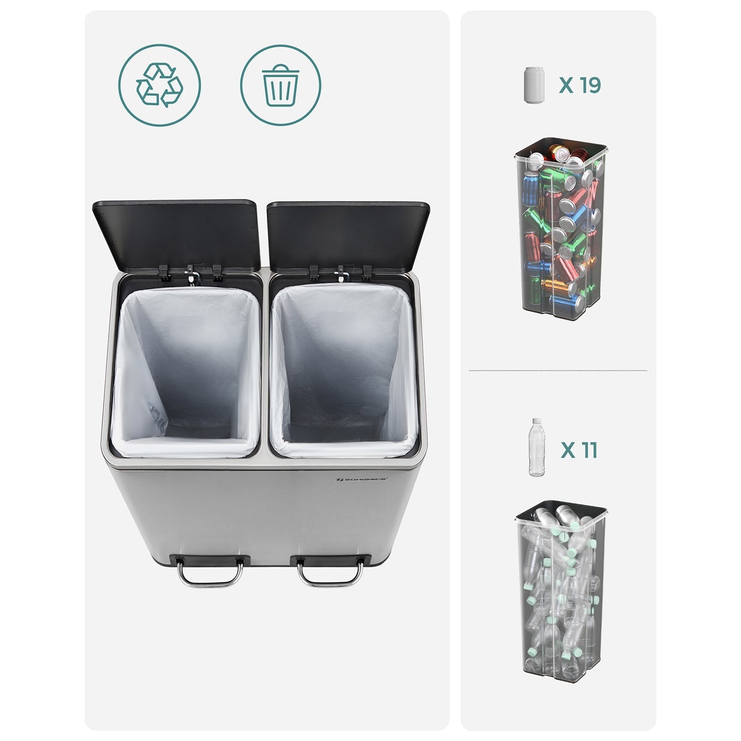 Afvalemmer – pedaal – 2 binnenbakken – rvs – 2 x 15 L – zilver