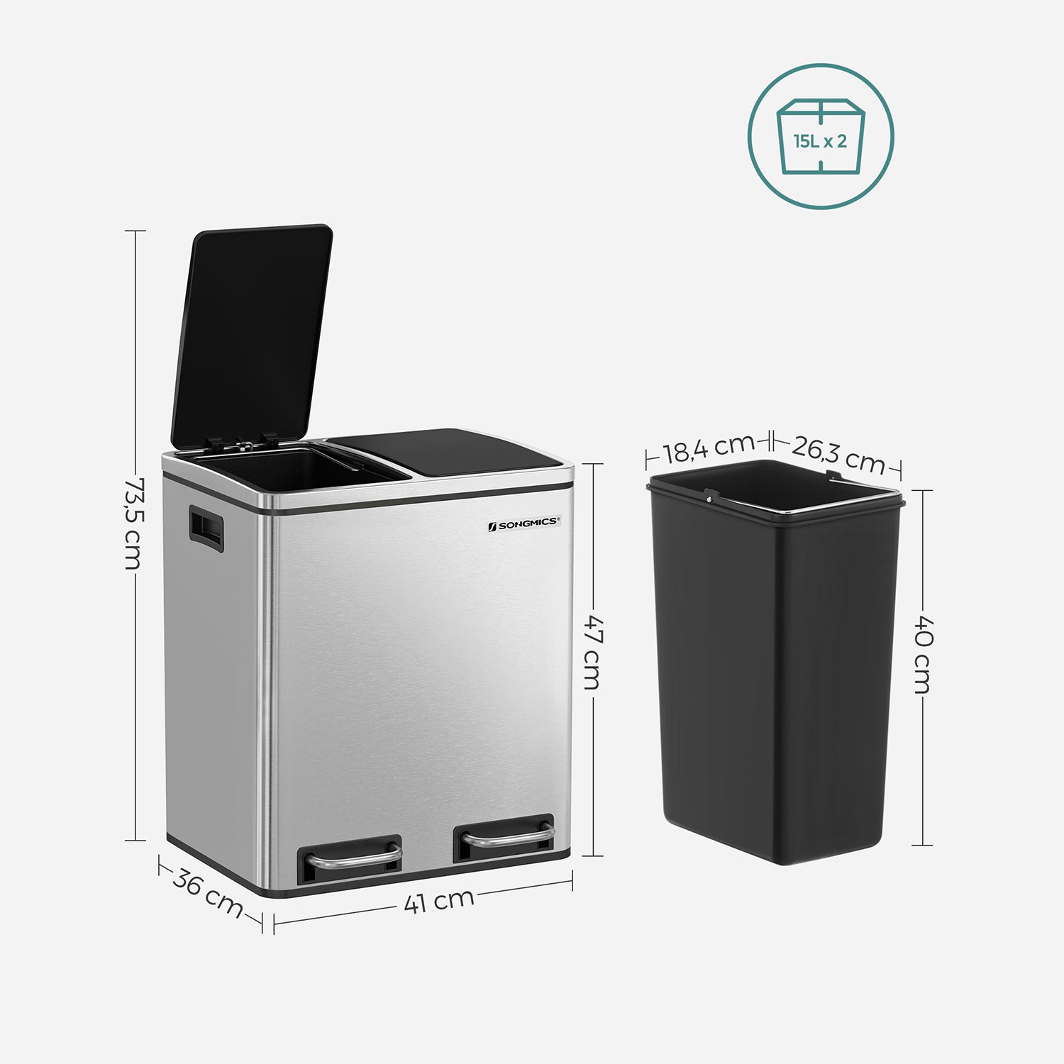 Afvalemmer – pedaal – 2 binnenbakken – rvs – 2 x 15 L – zilver