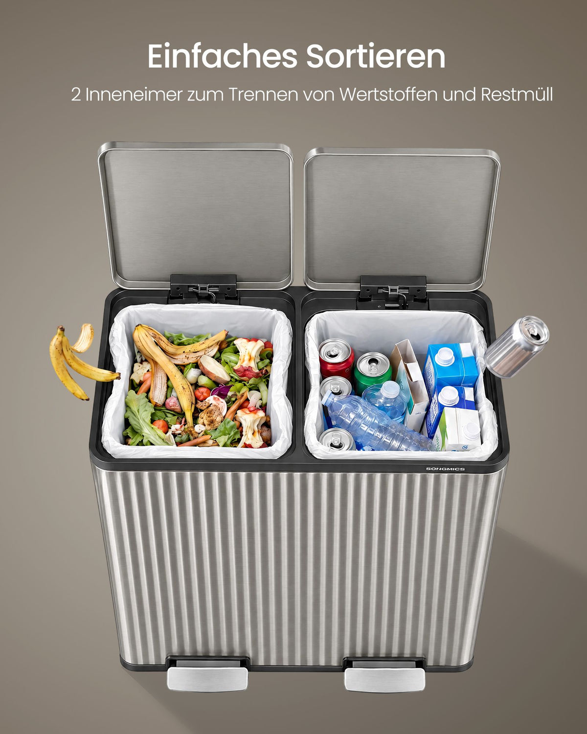 Afvalscheidingssysteem – 2 x 30 L – Staal – Soft-Close Deksel – Zilver