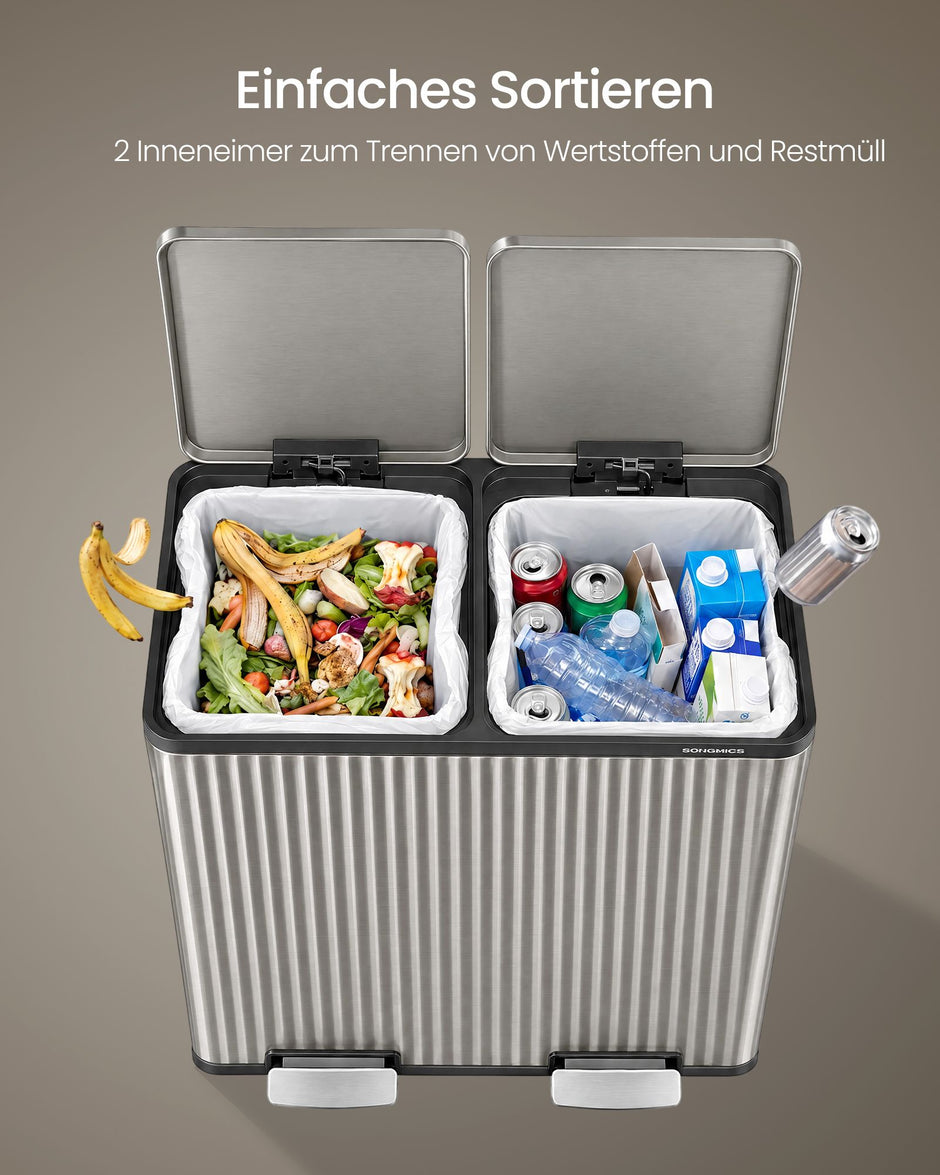 Afvalscheidingssysteem – 2 x 30 L – Staal – Soft-Close Deksel – Zilver