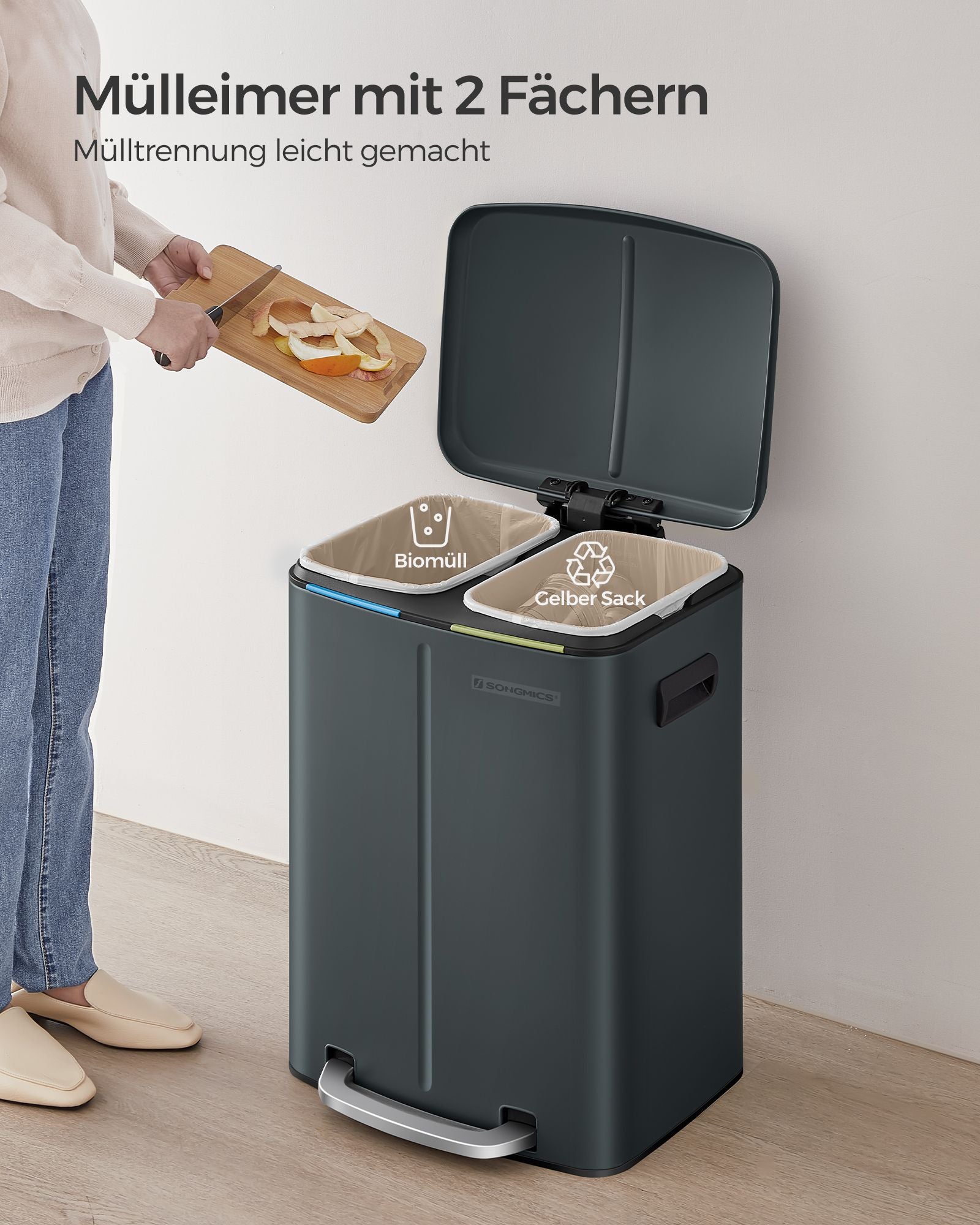 Keukenprullenbak – 2 × 20 L – met softclose deksel – groengrijs