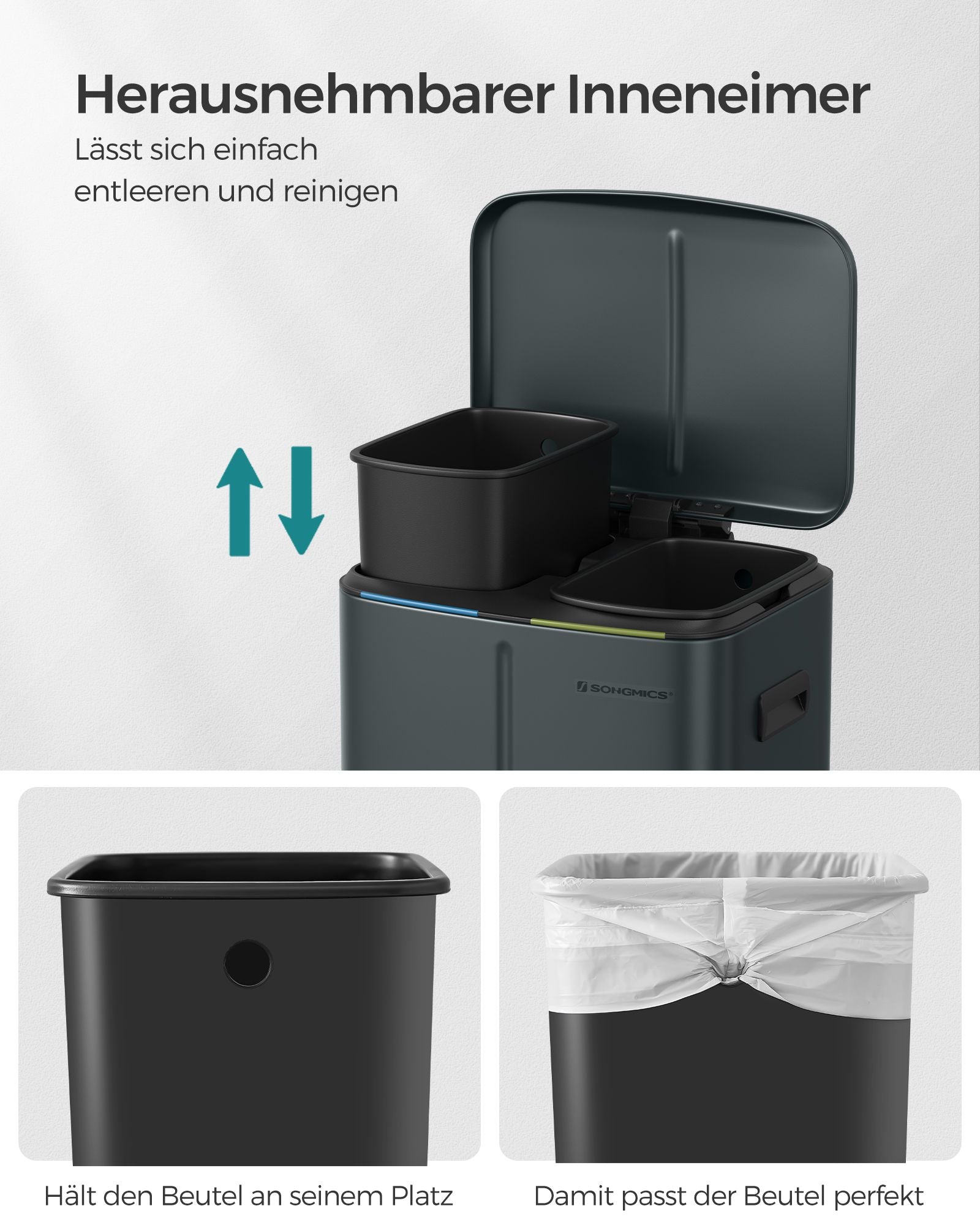 Keukenprullenbak – 2 × 20 L – met softclose deksel – groengrijs