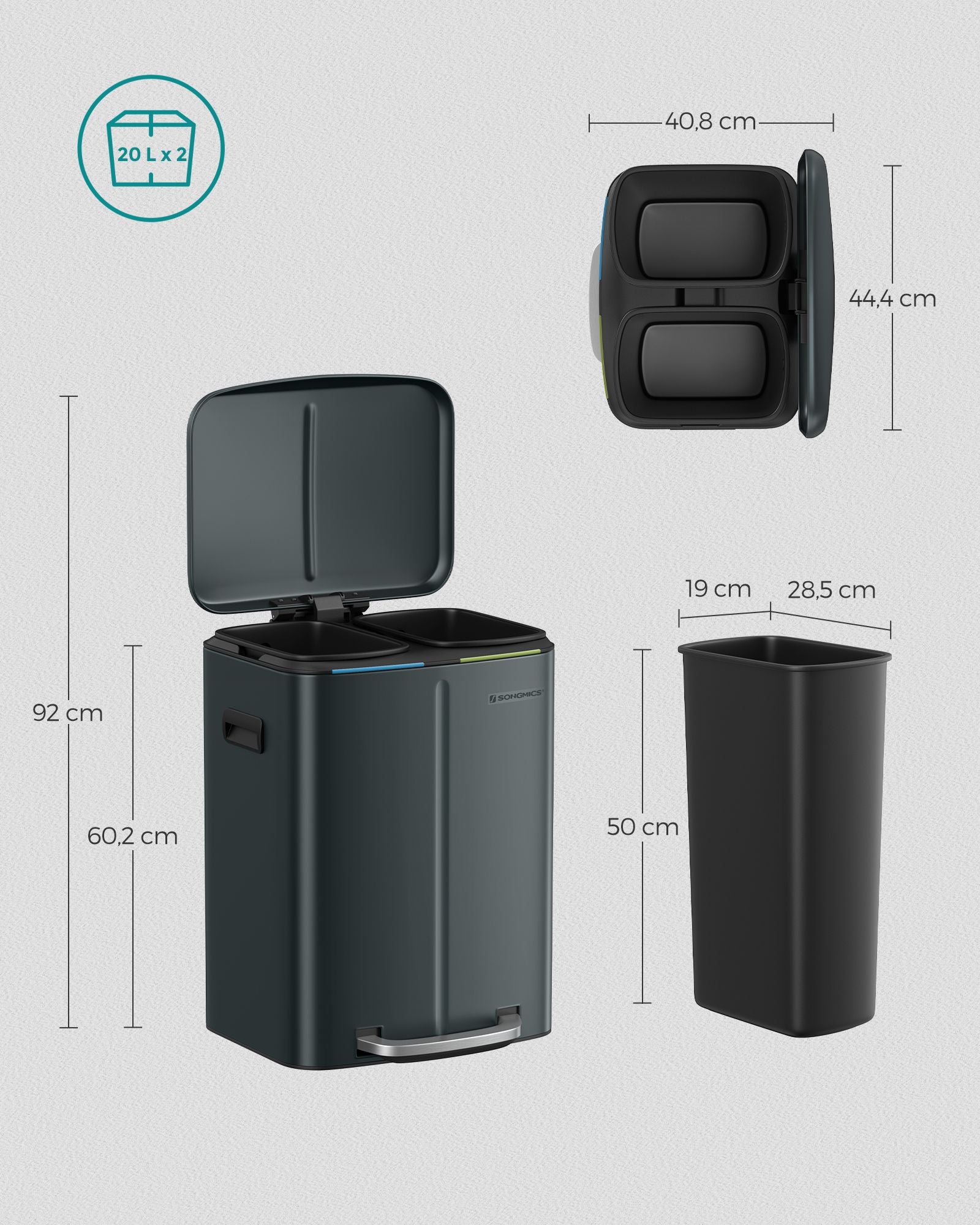 Keukenprullenbak – 2 × 20 L – met softclose deksel – groengrijs
