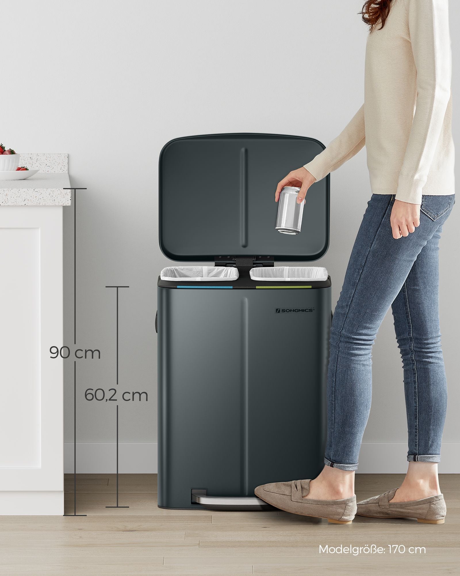 Keukenprullenbak – 2 × 20 L – met softclose deksel – groengrijs