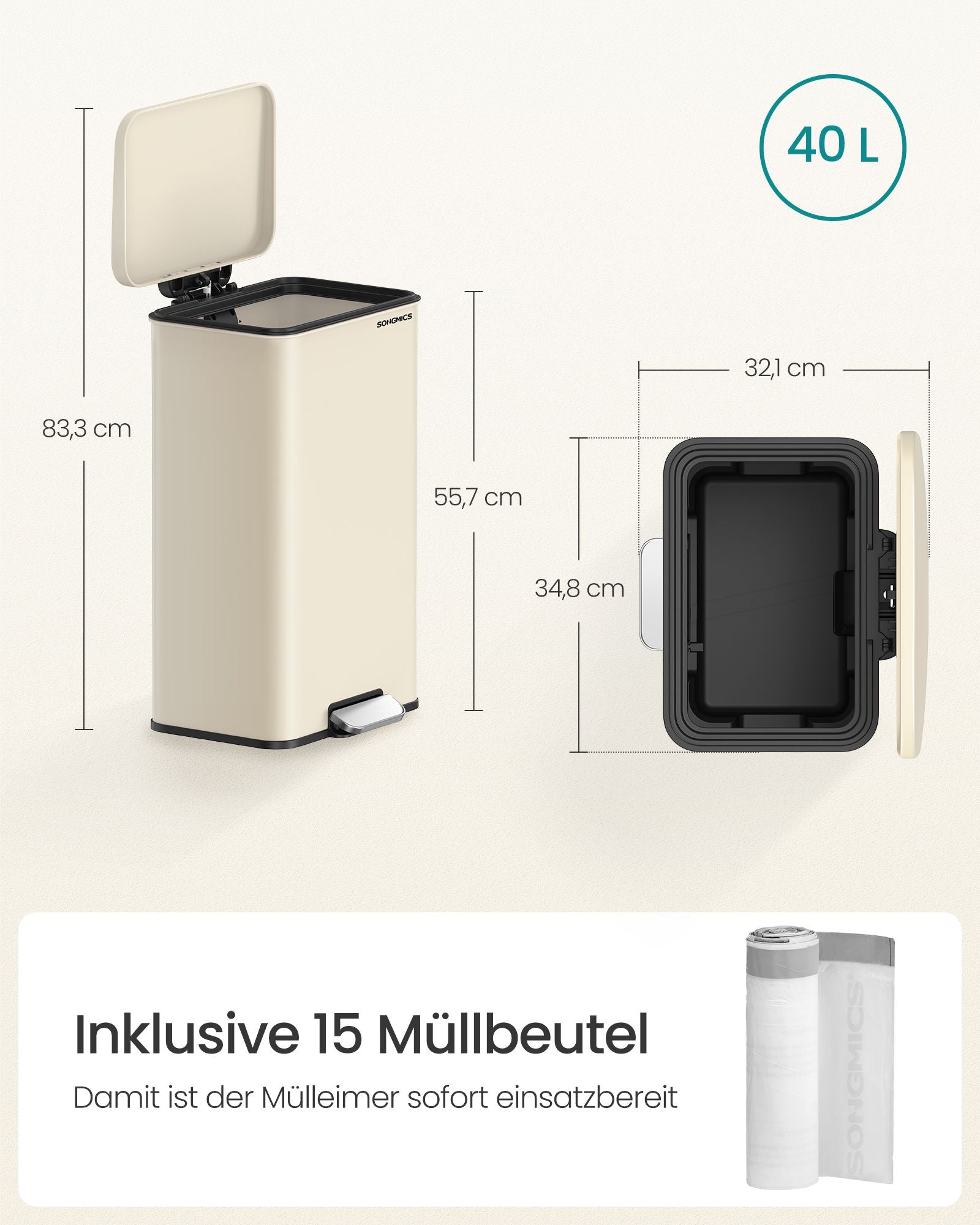 Keukenprullenbak Met Deksel 40 Liter Zandbeige