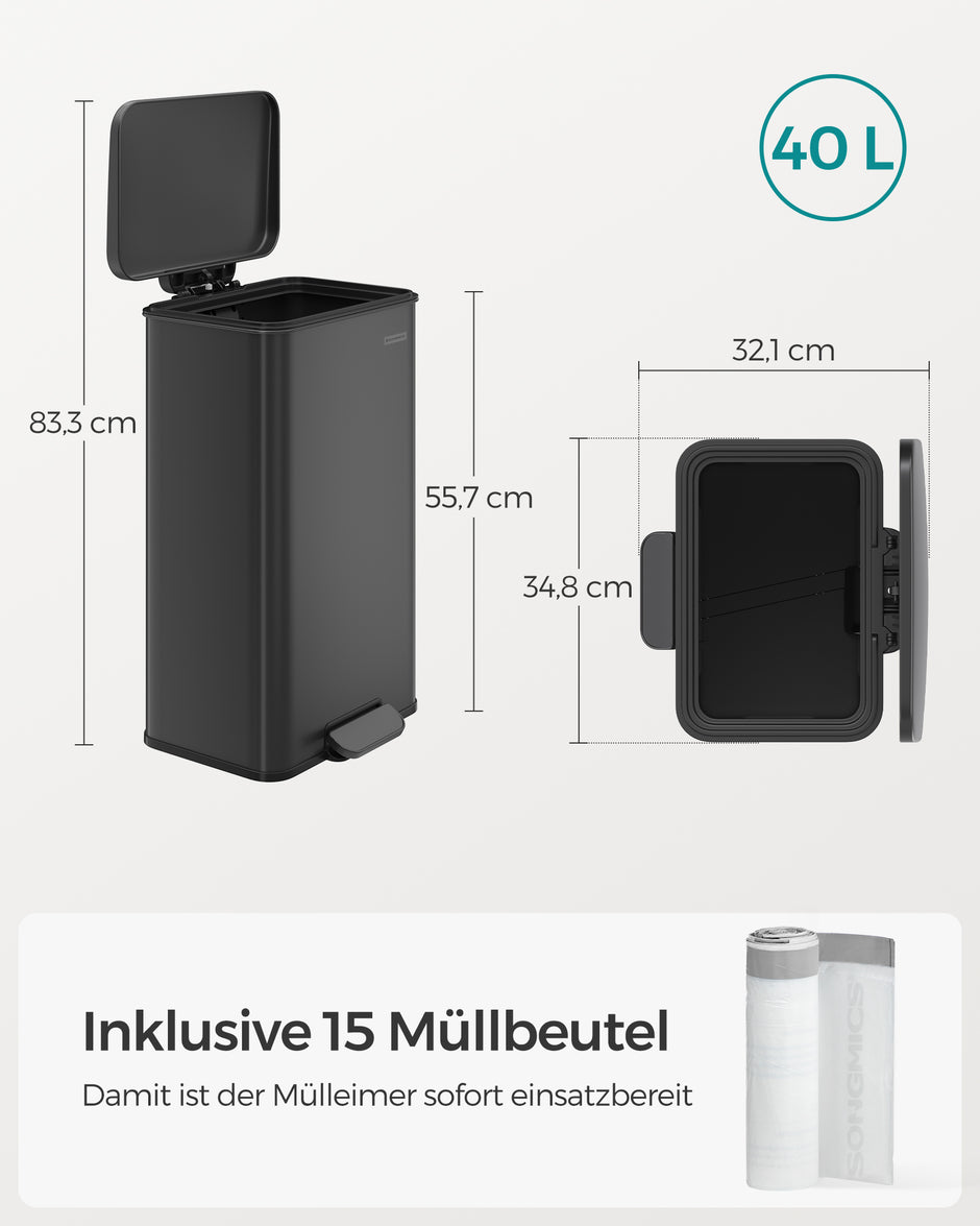 Vuilnisbak – 40 L – Met softclose deksel – Inclusief 15 vuilniszakken – Staal