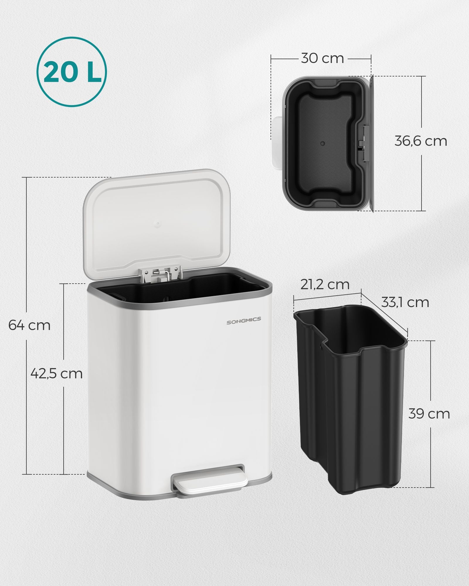 Prullenbak – 20 liter – Met geruisloze sluiting – Inclusief binnenemmer – Compact ontwerp