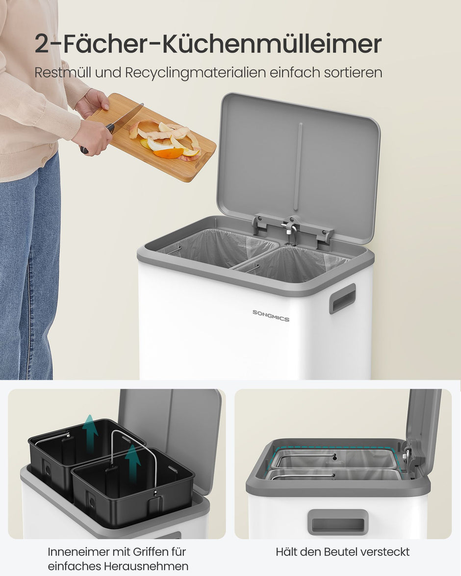 Vuilnisbak met 2 x 15 L compartimenten – Met binnenemmers – Geruisloos deksel – 60 x 30 x 50 cm