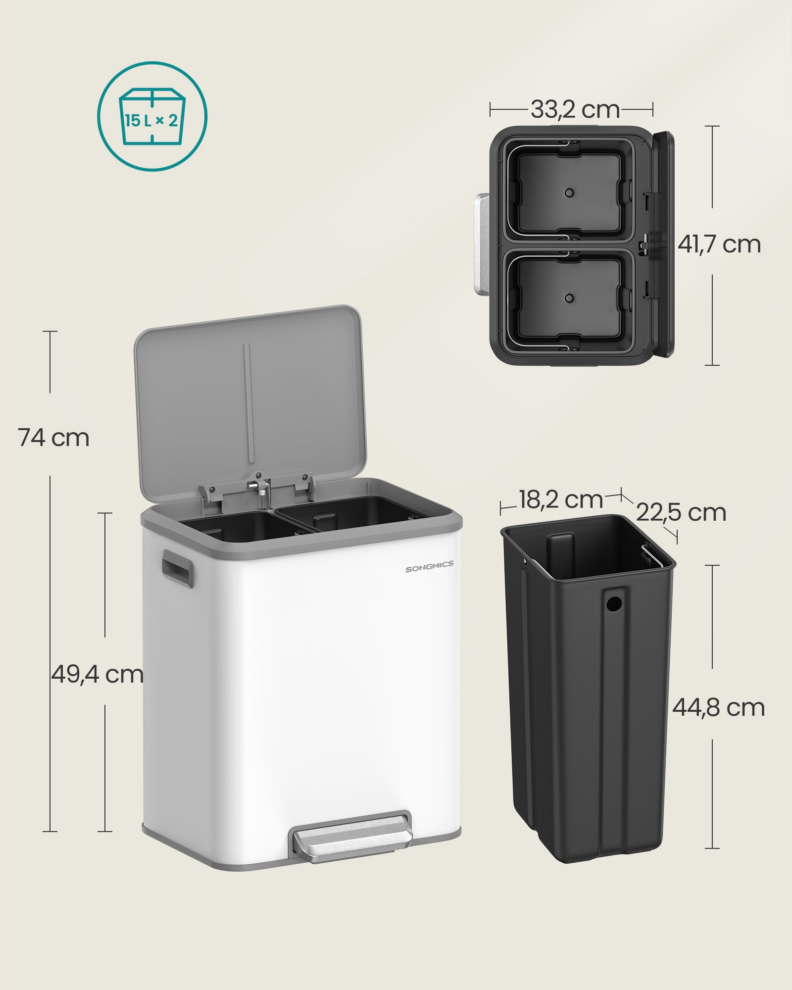 Afvalscheidingssysteem 2 Compartimenten Voor Recycling En Restafval, Wolkwit