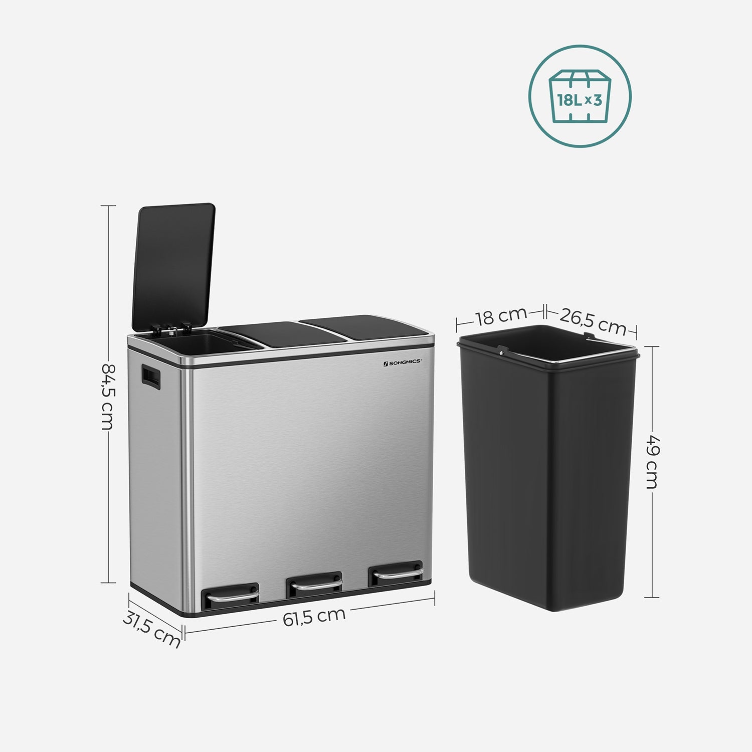 Prullenbak – 54 liter – 3 × 18 L