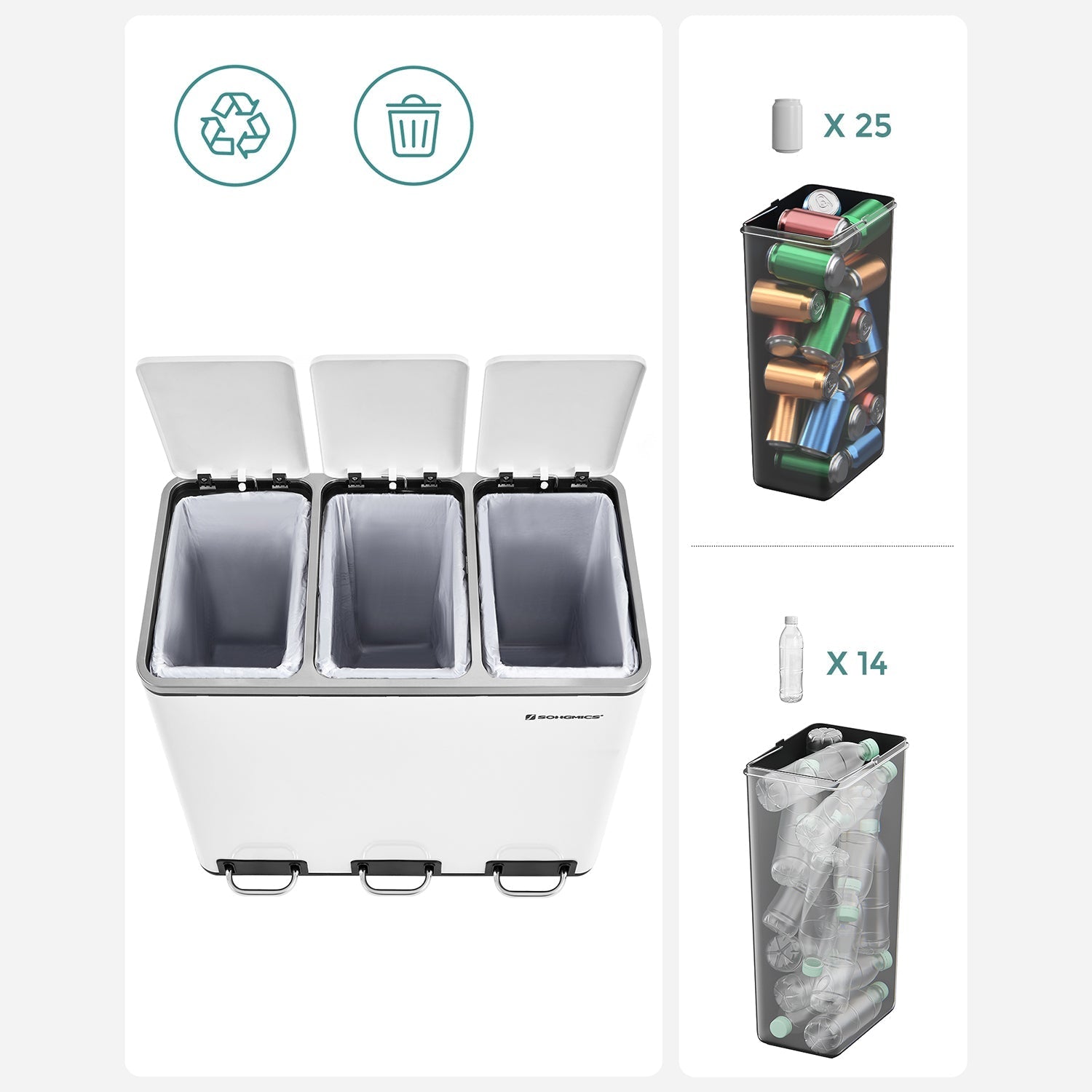 Afvalemmer - 3 compartimenten - Afvalscheiding - 3 x 18 L - Wit