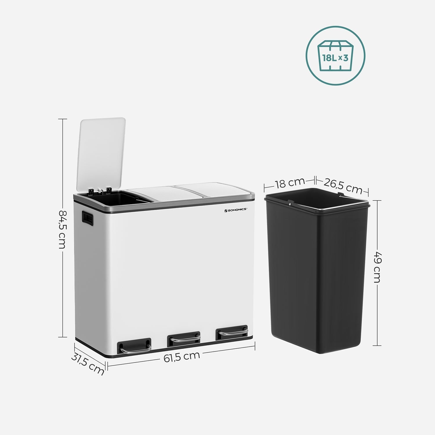 Afvalemmer - 3 compartimenten - Afvalscheiding - 3 x 18 L - Wit