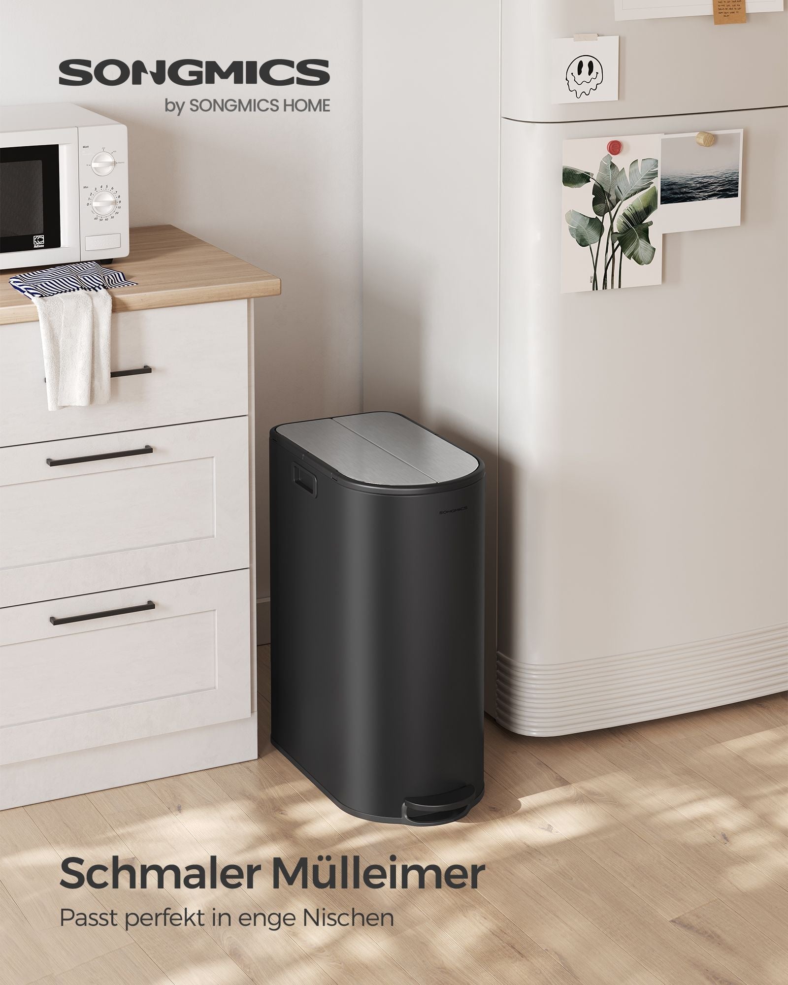 Prullenbak met 2 x 30 L compartimenten – Met binnenemmer – 49 x 29 x 64 cm – Metallic zilver