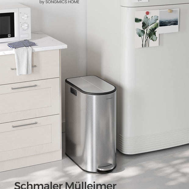 Prullenbak met 2 x 30 L compartimenten – Met binnenemmer – 49 x 29 x 64 cm – Metallic zilver