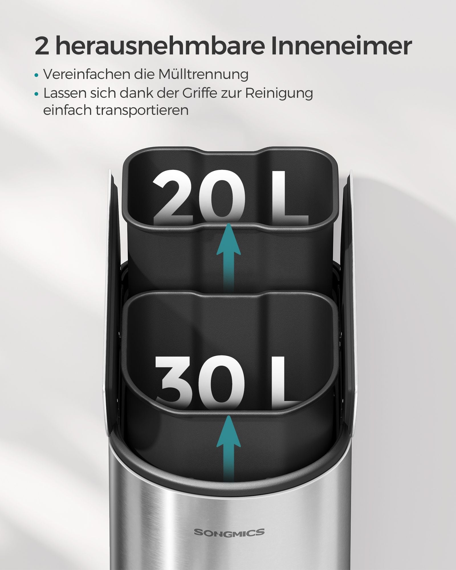 Prullenbak met 2 x 30 L compartimenten – Met binnenemmer – 49 x 29 x 64 cm – Metallic zilver