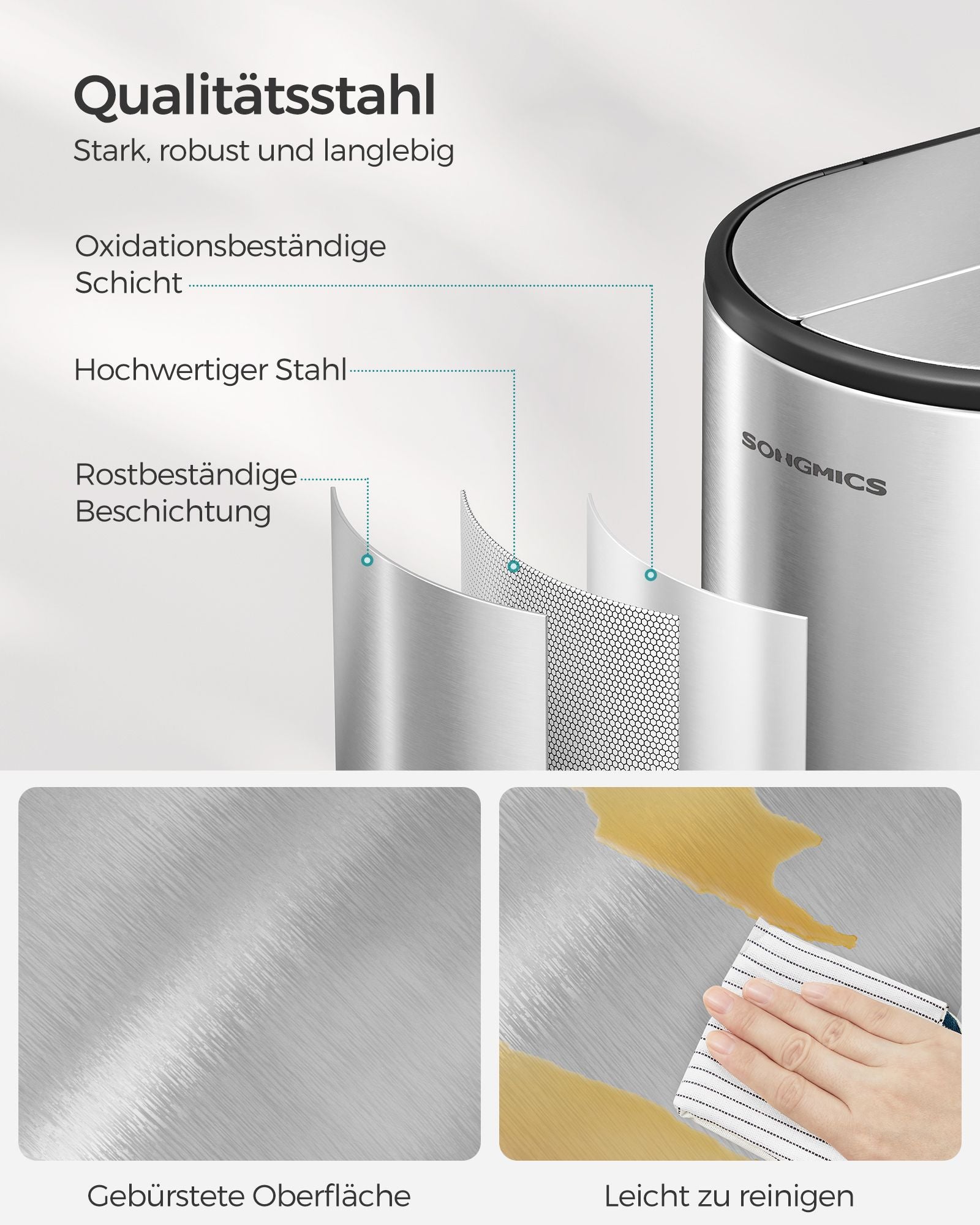 Prullenbak met 2 x 30 L compartimenten – Met binnenemmer – 49 x 29 x 64 cm – Metallic zilver