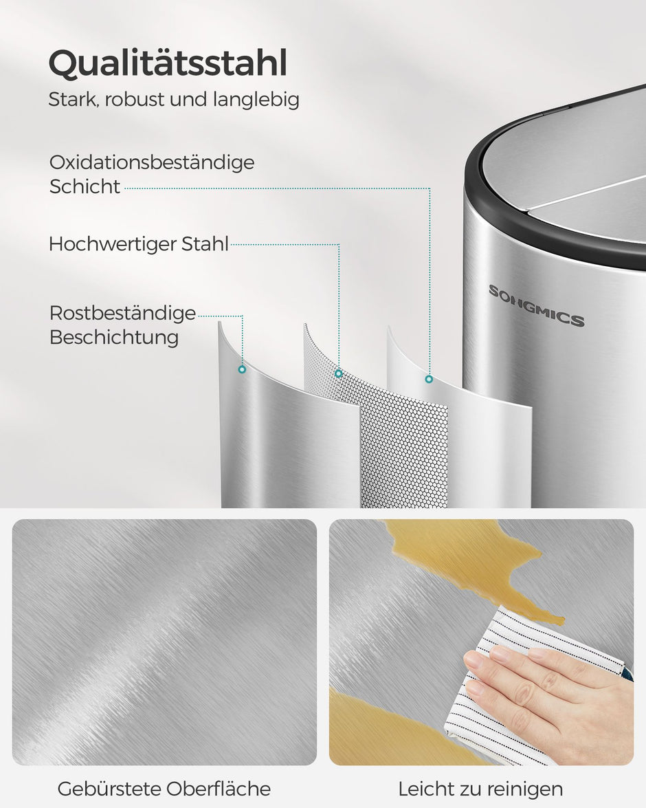 Prullenbak met 2 x 30 L compartimenten – Met binnenemmer – 49 x 29 x 64 cm – Metallic zilver