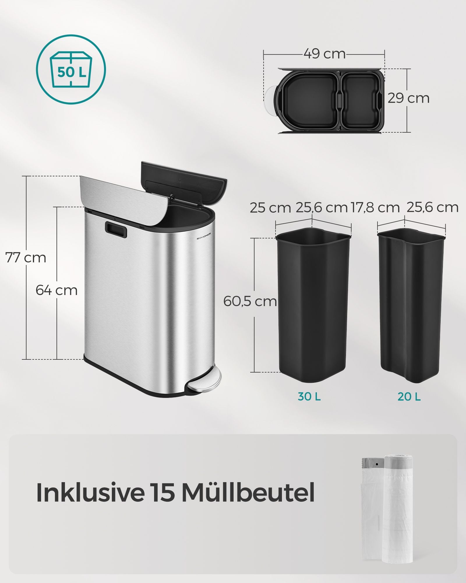 Afvalscheidingssysteem – met 2 compartimenten – metallic zilver