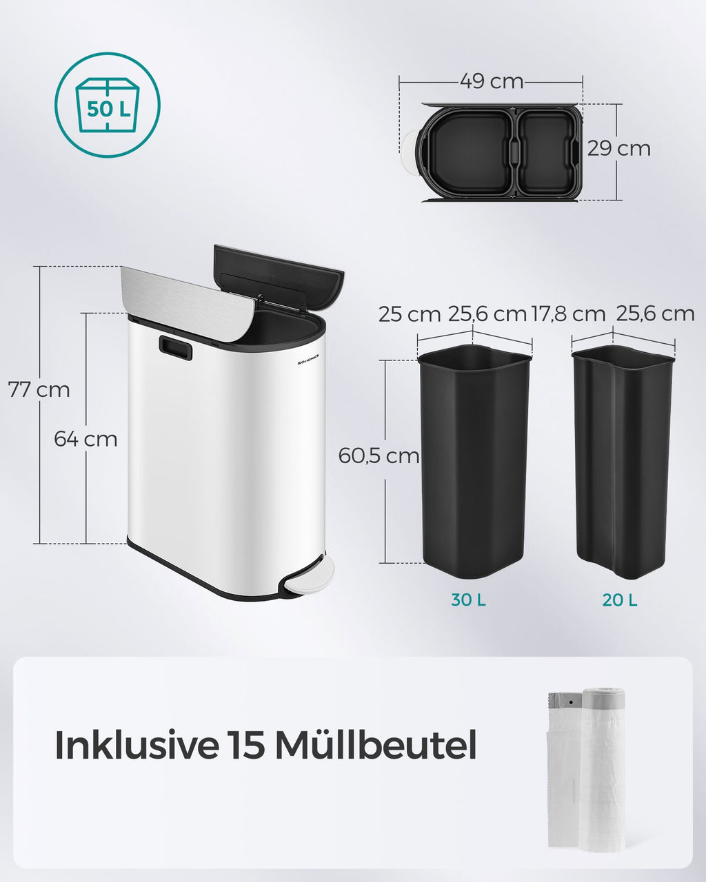 Afvalscheidingssysteem – met 2 compartimenten – wolkwit-metallic zilver