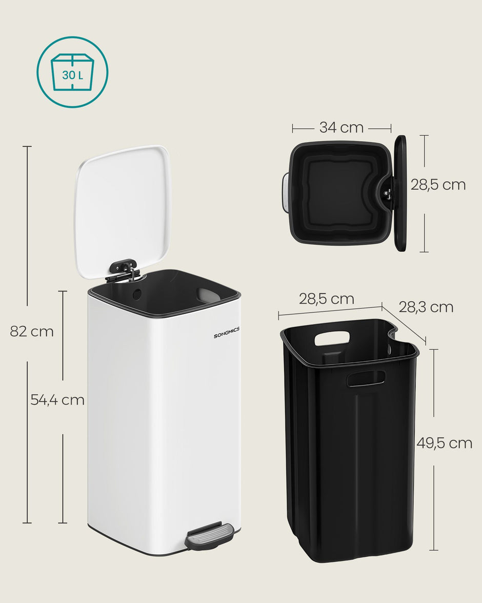 Prullenbak 30 Liter – Compact Rechthoekig Ontwerp – Met Binnenemmer – Antislipbodem