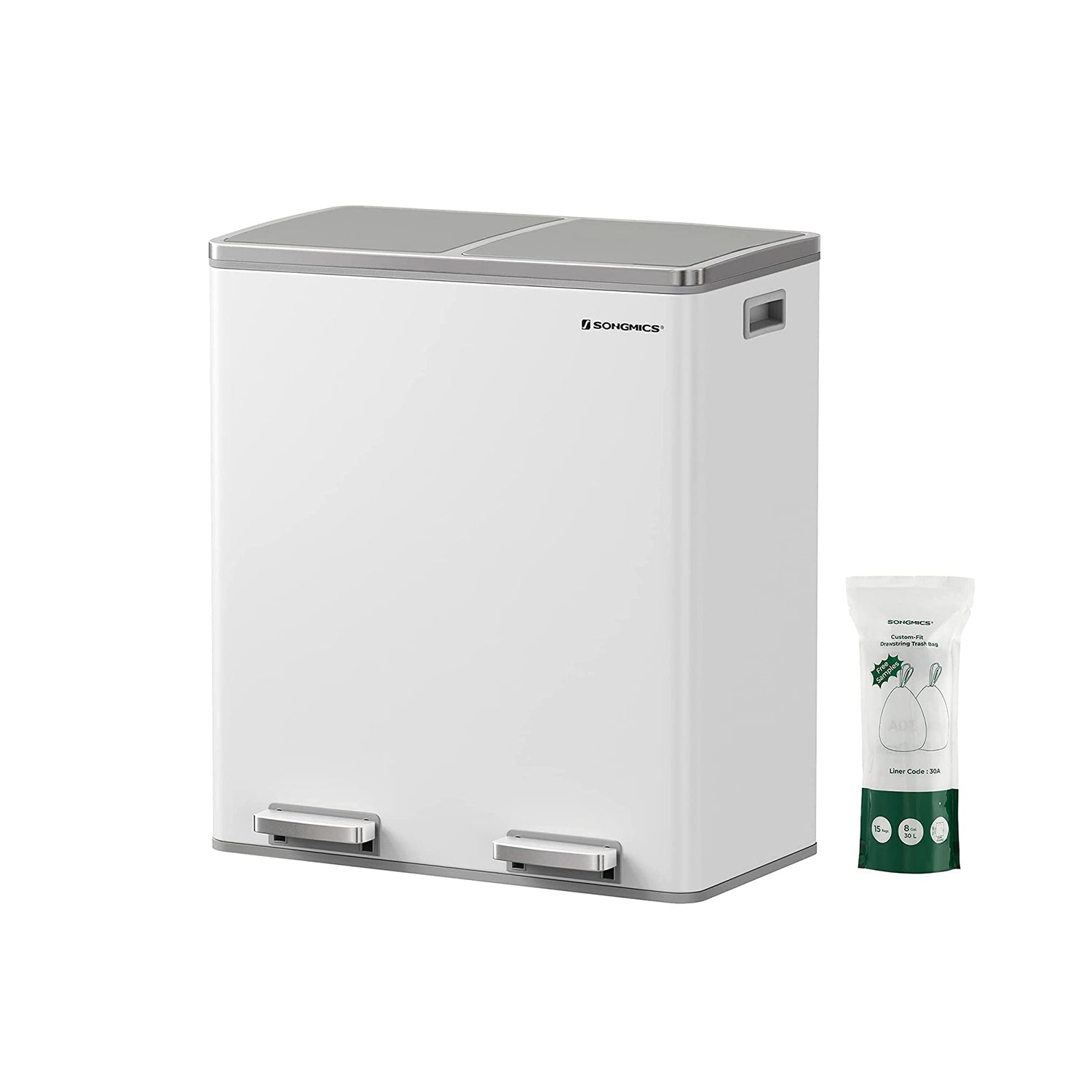 Prullenbak met 2 x 30 L vakken – Zacht sluitmechanisme – Uitneembare binnenemmers – Inclusief 15 vuilniszakken