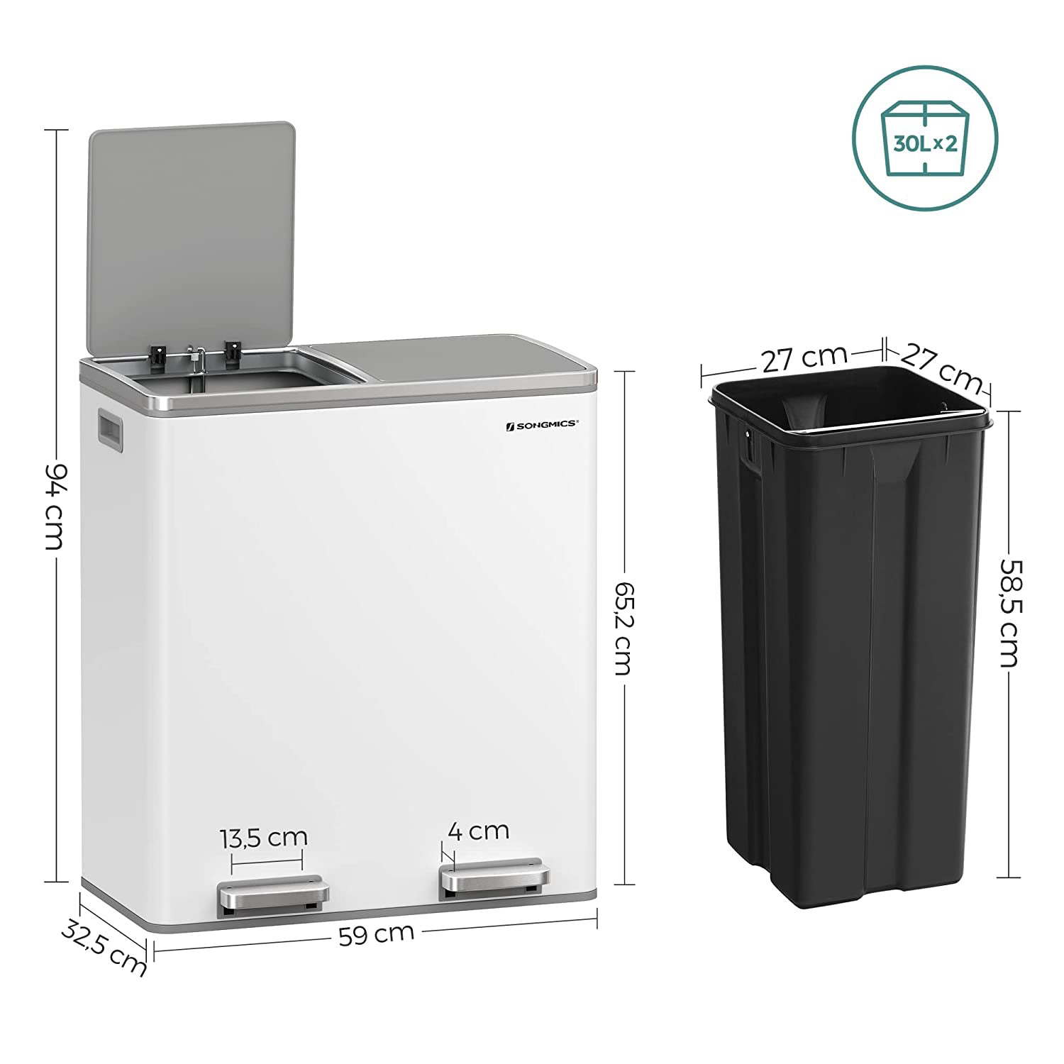 Afvalemmer - Met 2 vakken - 2 x 30 L - Softclose - Pedaal - Wit