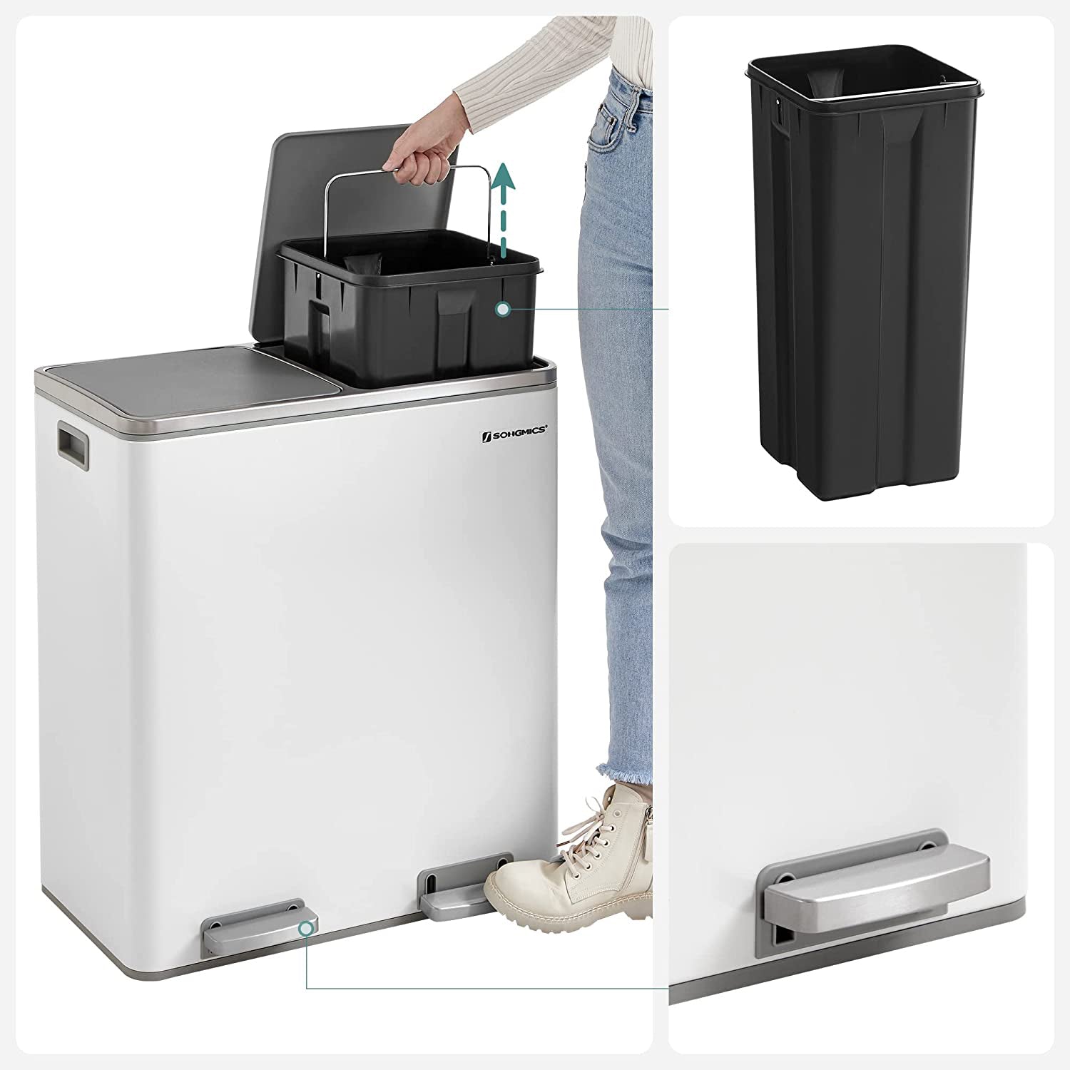 Afvalemmer - Met 2 vakken - 2 x 30 L - Softclose - Pedaal - Wit
